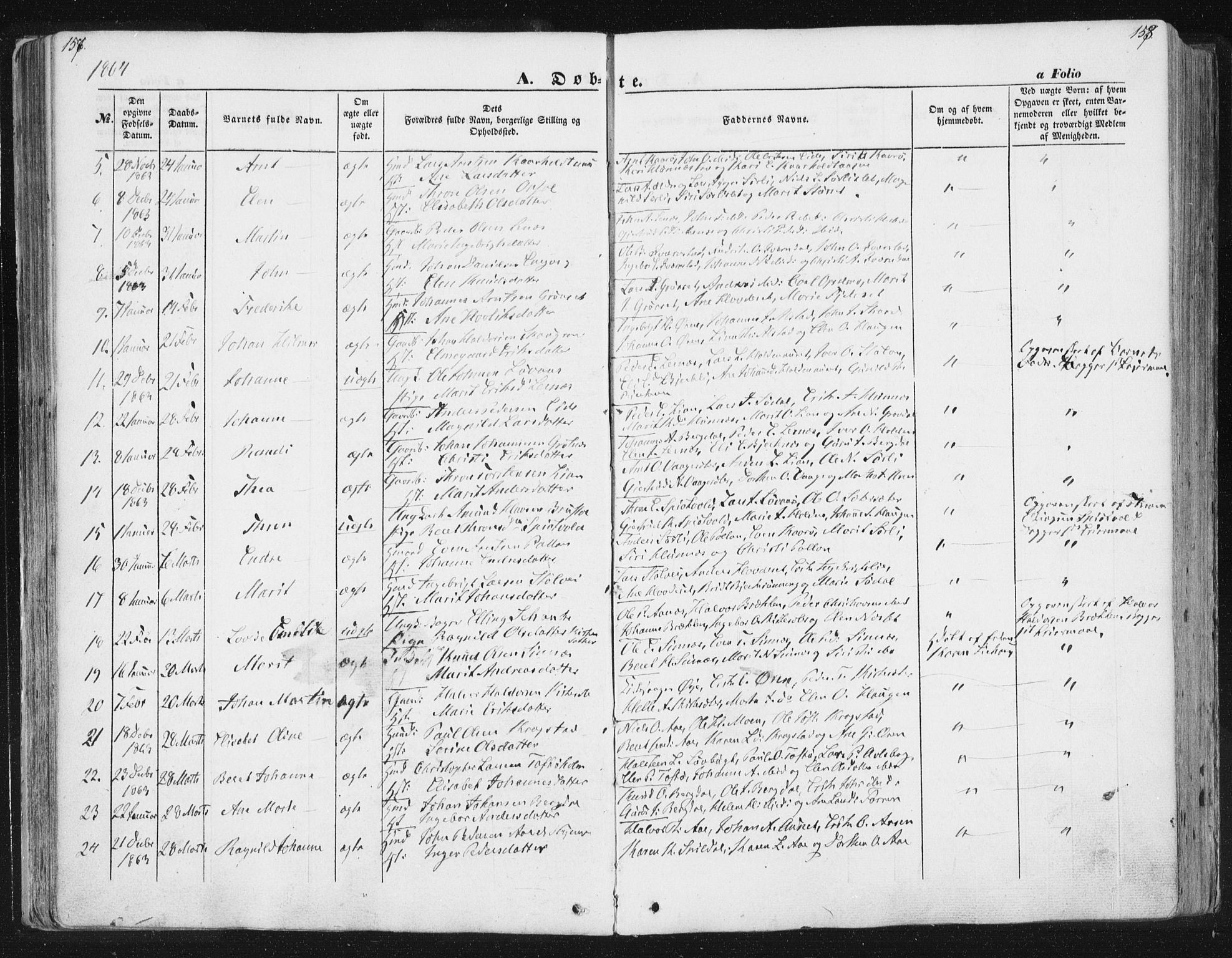 Ministerialprotokoller, klokkerbøker og fødselsregistre - Sør-Trøndelag, AV/SAT-A-1456/630/L0494: Parish register (official) no. 630A07, 1852-1868, p. 157-158