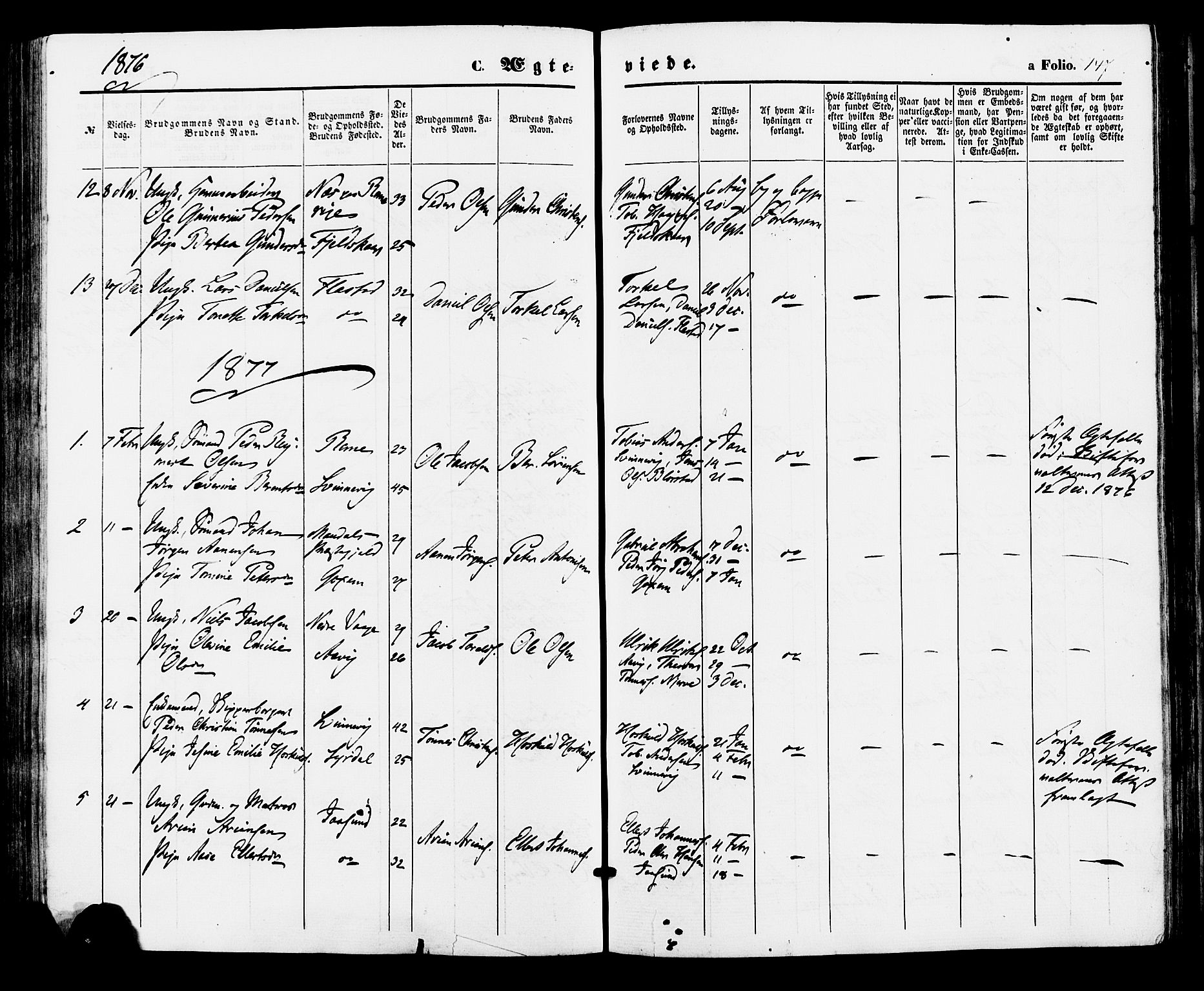 Sør-Audnedal sokneprestkontor, SAK/1111-0039/F/Fa/Faa/L0003: Parish register (official) no. A 3, 1868-1883, p. 147