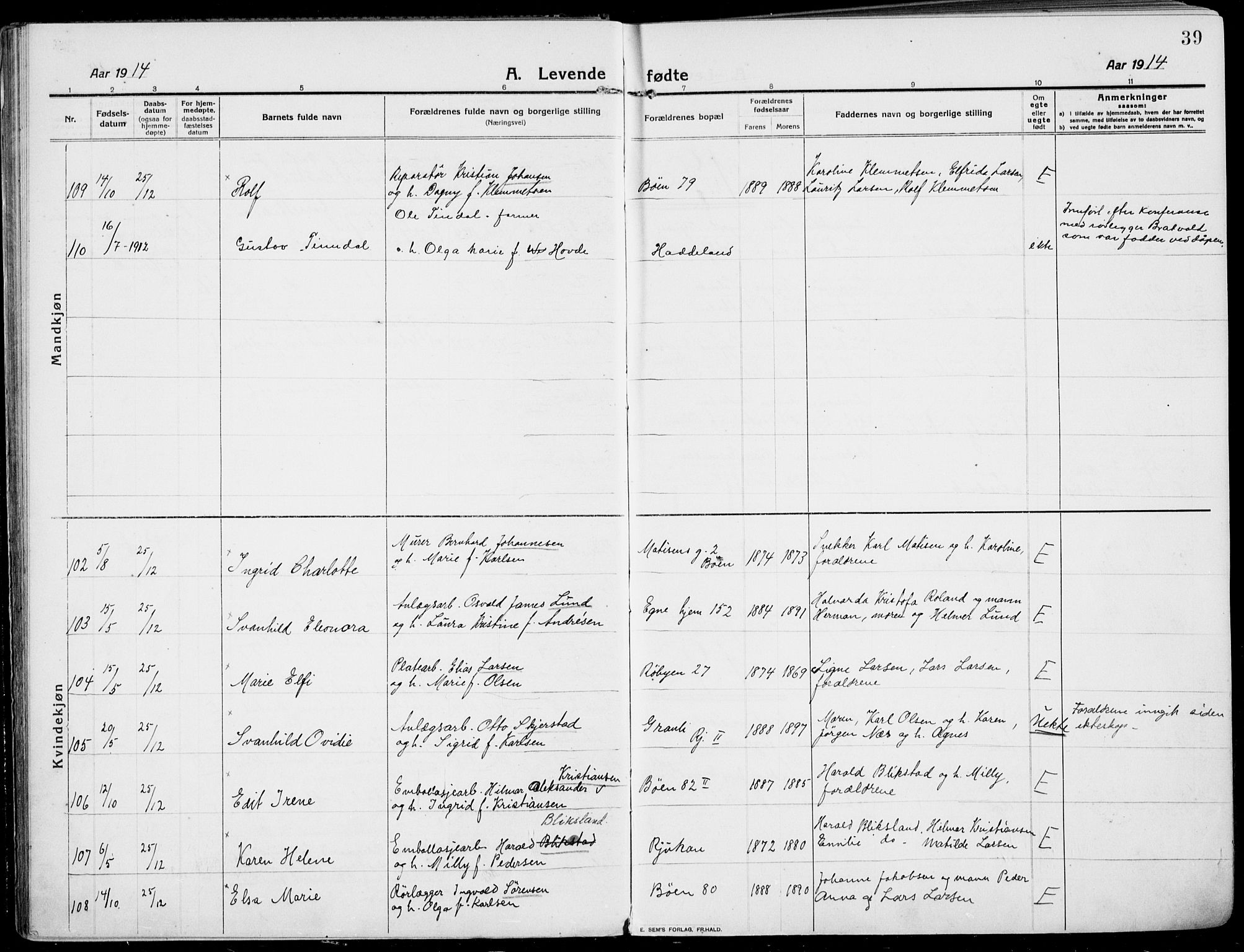 Rjukan kirkebøker, SAKO/A-294/F/Fa/L0002: Parish register (official) no. 2, 1912-1917, p. 39