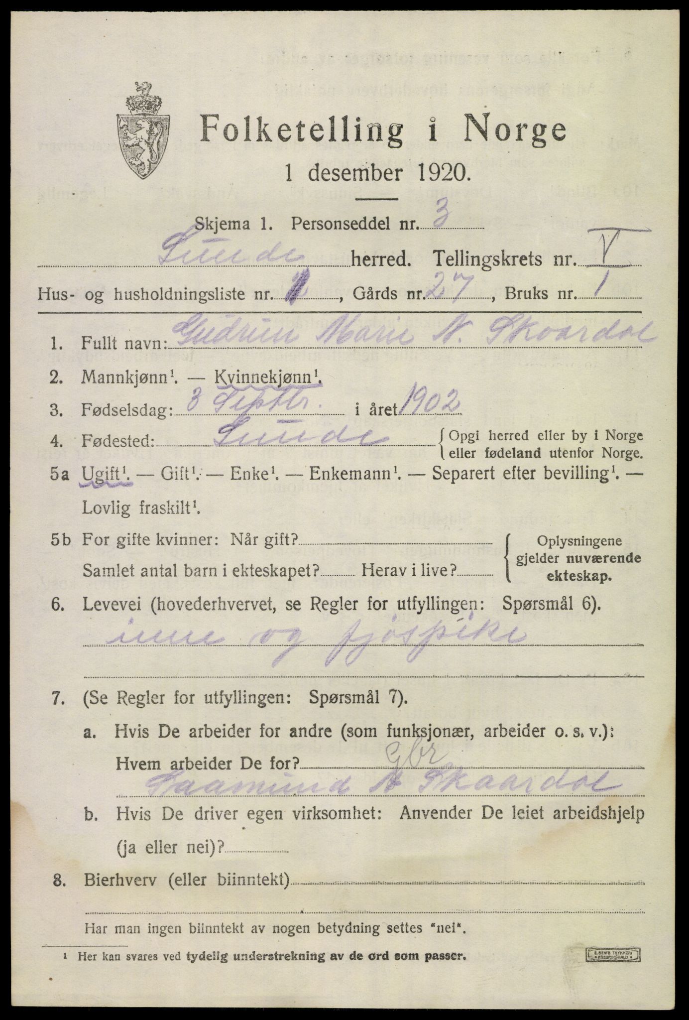 SAKO, 1920 census for Lunde, 1920, p. 3407