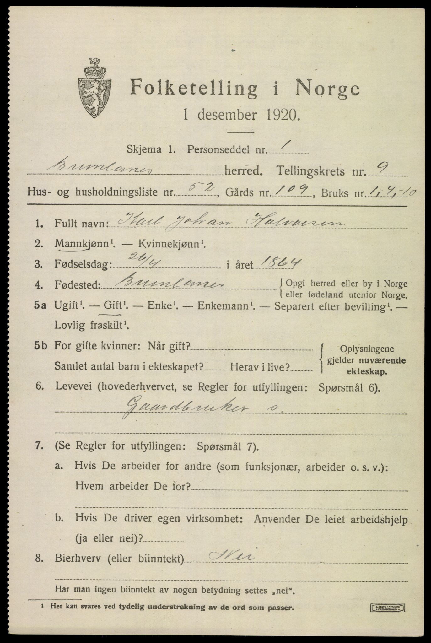 SAKO, 1920 census for Brunlanes, 1920, p. 8347
