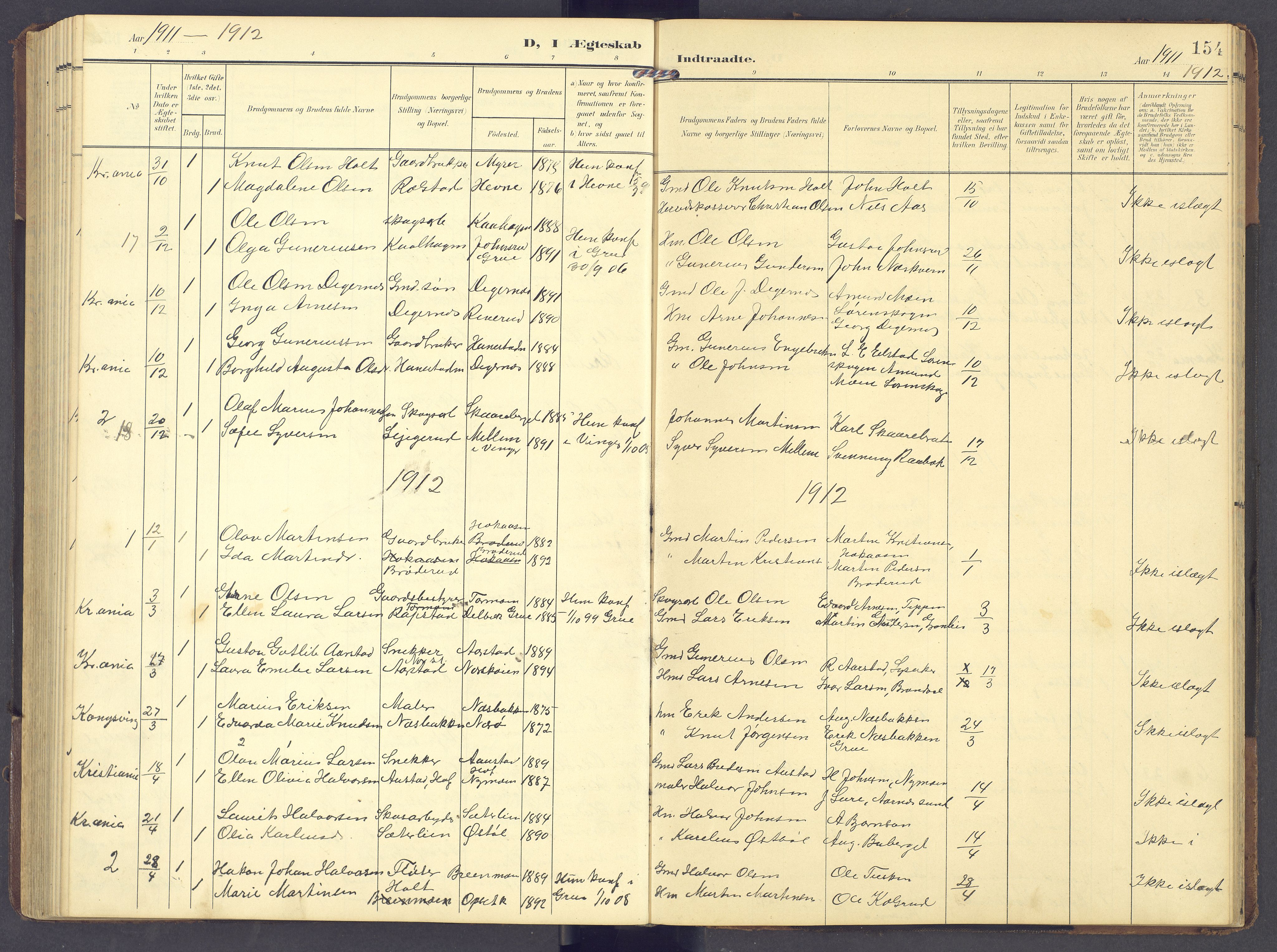 Brandval prestekontor, AV/SAH-PREST-034/H/Ha/Hab/L0003: Parish register (copy) no. 3, 1904-1917, p. 154