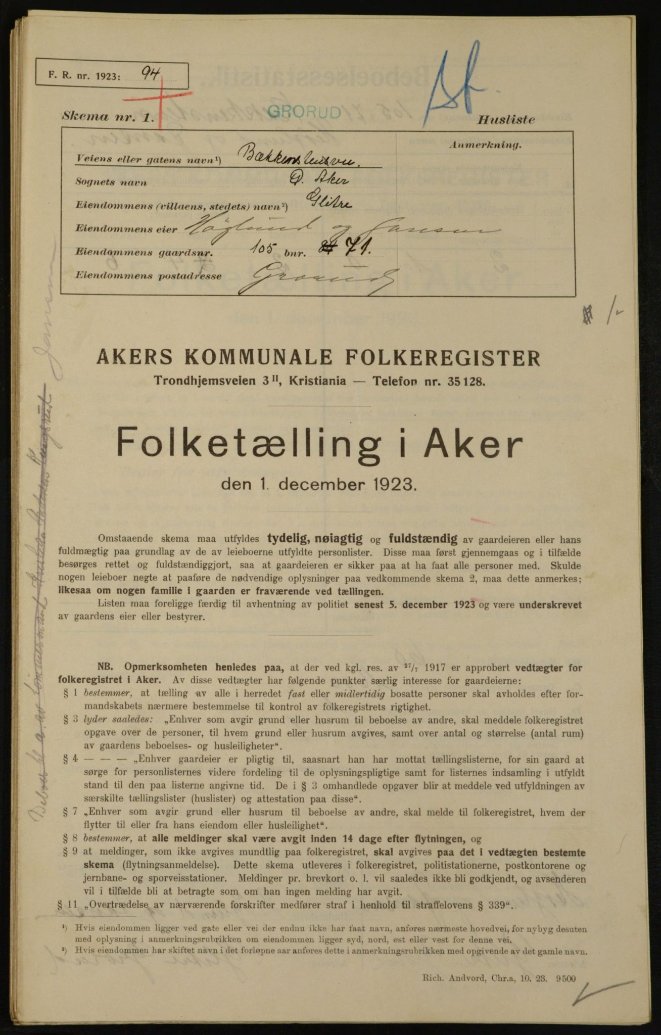 , Municipal Census 1923 for Aker, 1923, p. 22800