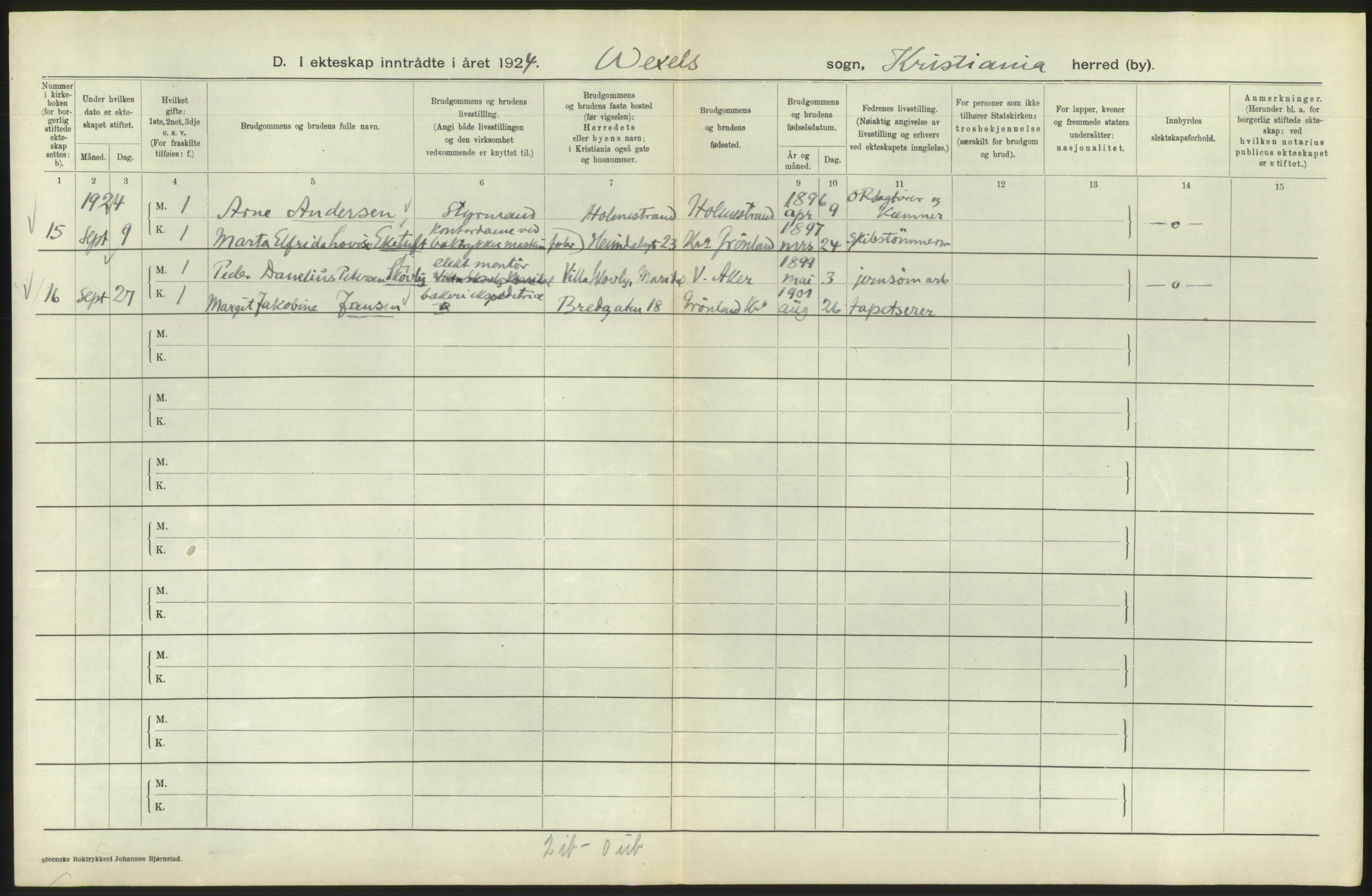 Statistisk sentralbyrå, Sosiodemografiske emner, Befolkning, AV/RA-S-2228/D/Df/Dfc/Dfcd/L0007: Kristiania: Gifte, 1924, p. 746