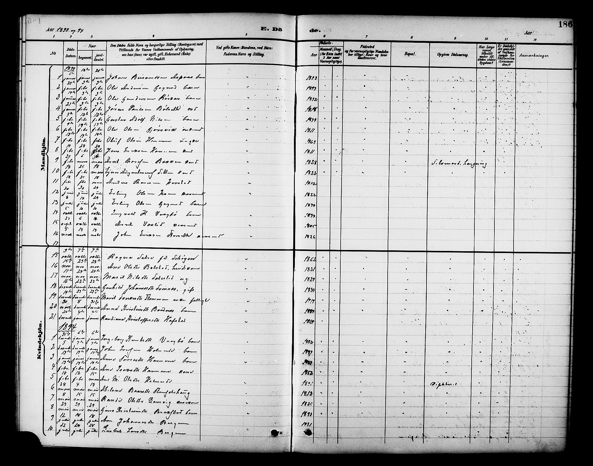 Ministerialprotokoller, klokkerbøker og fødselsregistre - Møre og Romsdal, AV/SAT-A-1454/586/L0992: Parish register (copy) no. 586C03, 1892-1909, p. 186