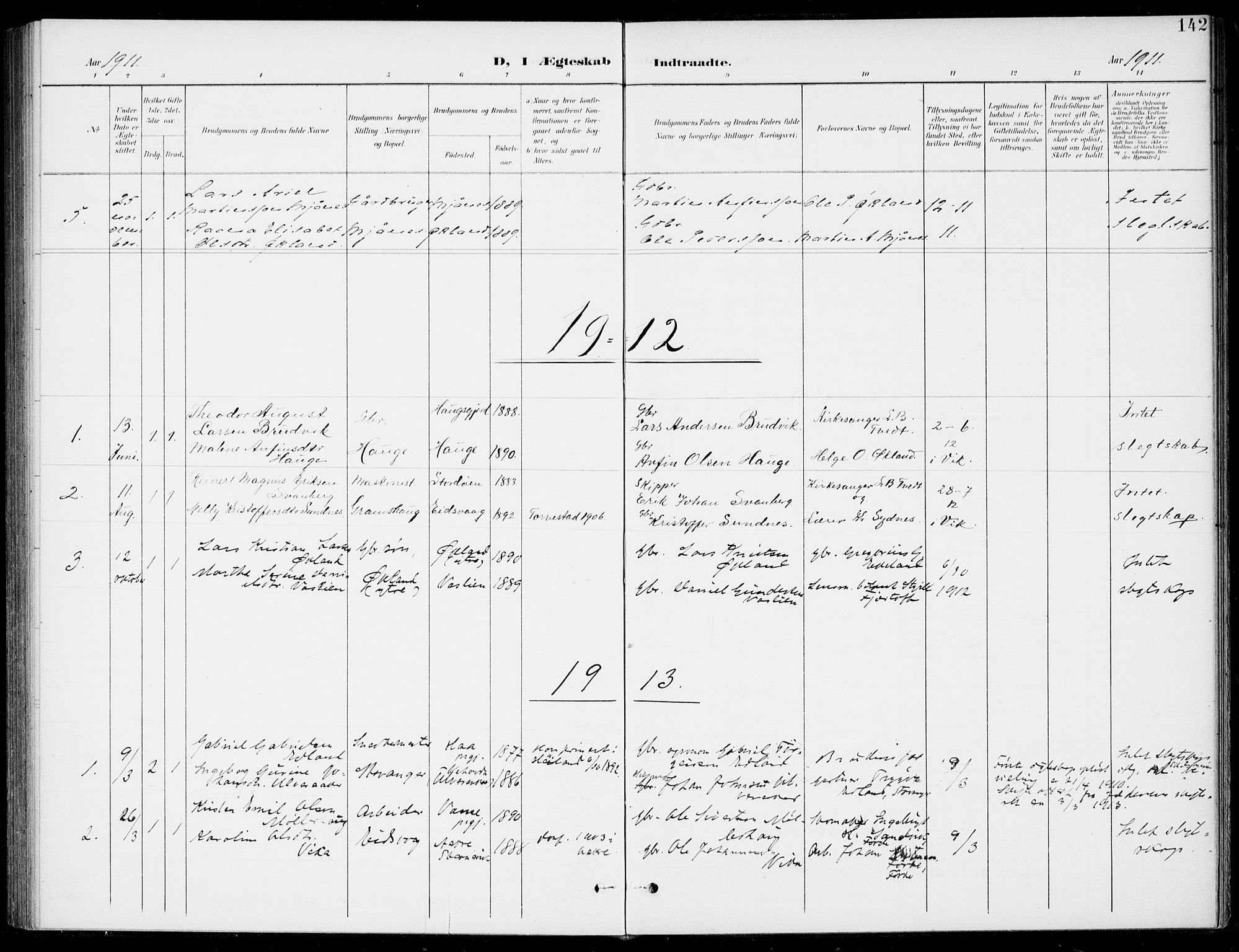 Sveio Sokneprestembete, AV/SAB-A-78501/H/Haa: Parish register (official) no. C 3, 1899-1916, p. 142