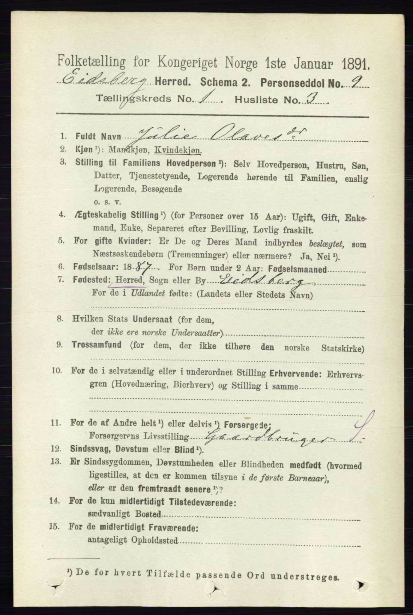 RA, 1891 census for 0125 Eidsberg, 1891, p. 160