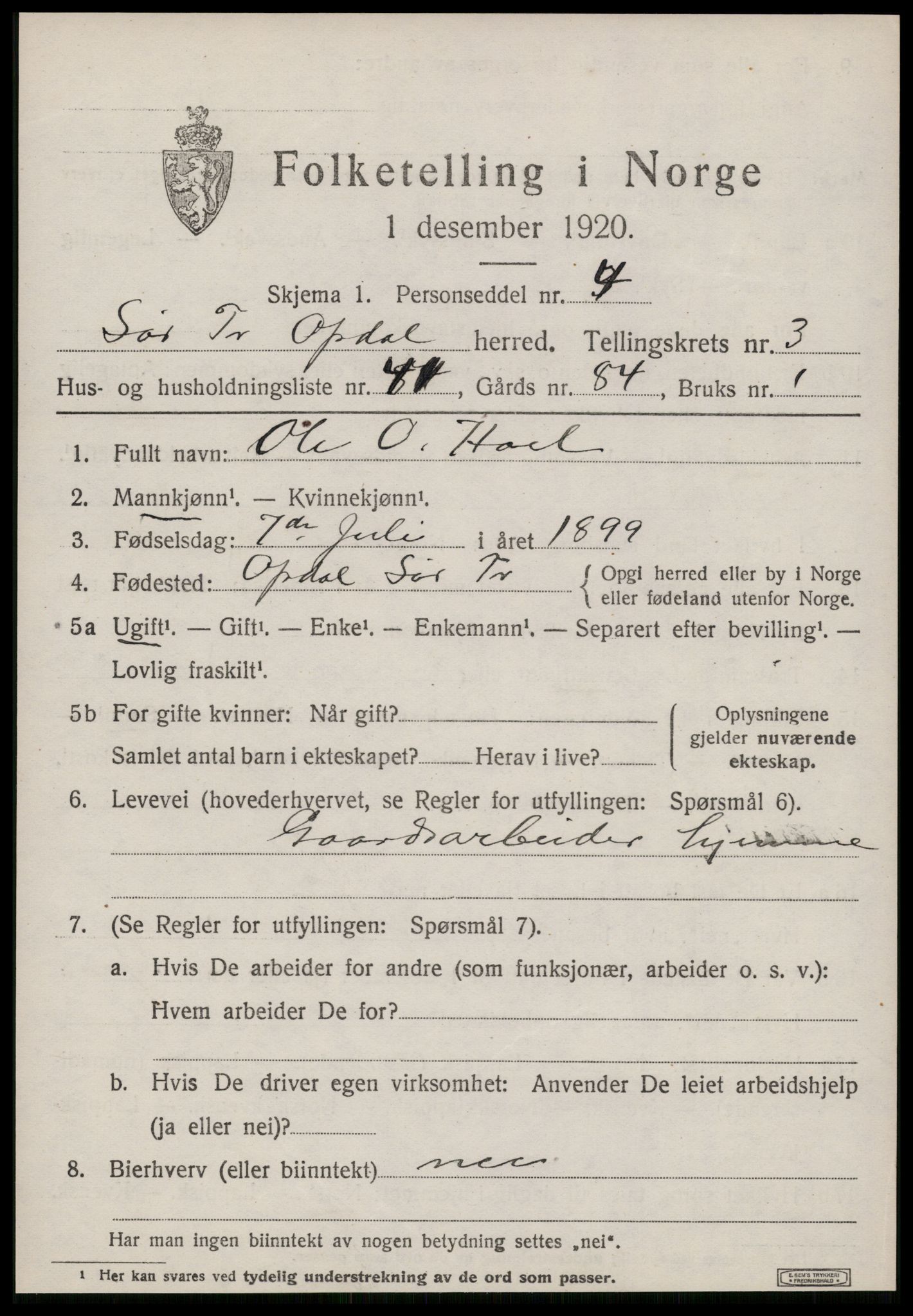 SAT, 1920 census for Oppdal, 1920, p. 3625