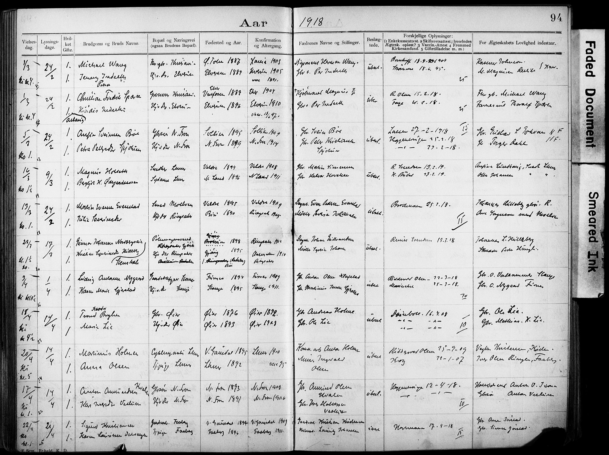 Lillehammer prestekontor, AV/SAH-PREST-088/I/Ie: Banns register no. 1, 1903-1932, p. 94