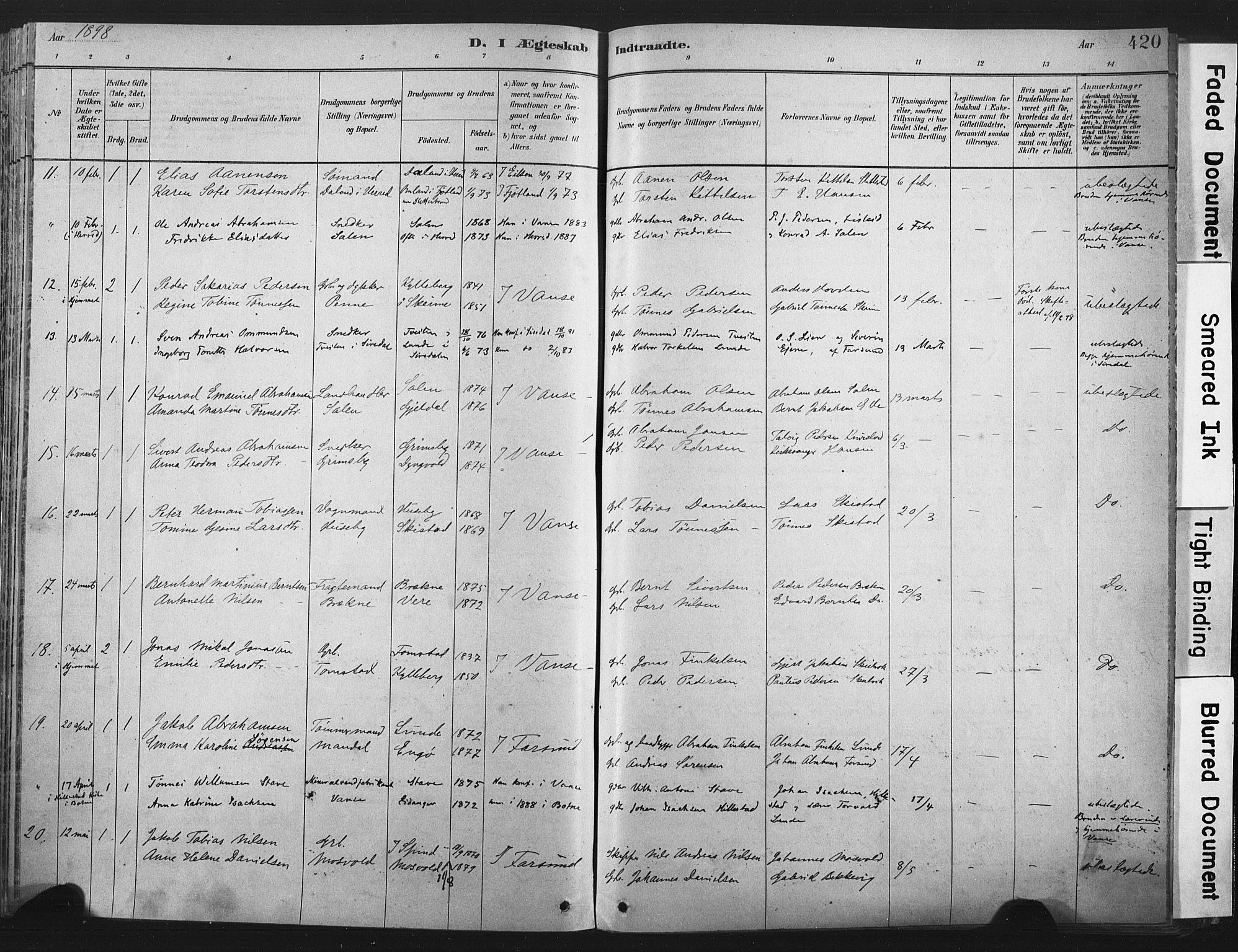 Lista sokneprestkontor, AV/SAK-1111-0027/F/Fa/L0012: Parish register (official) no. A 12, 1879-1903, p. 420