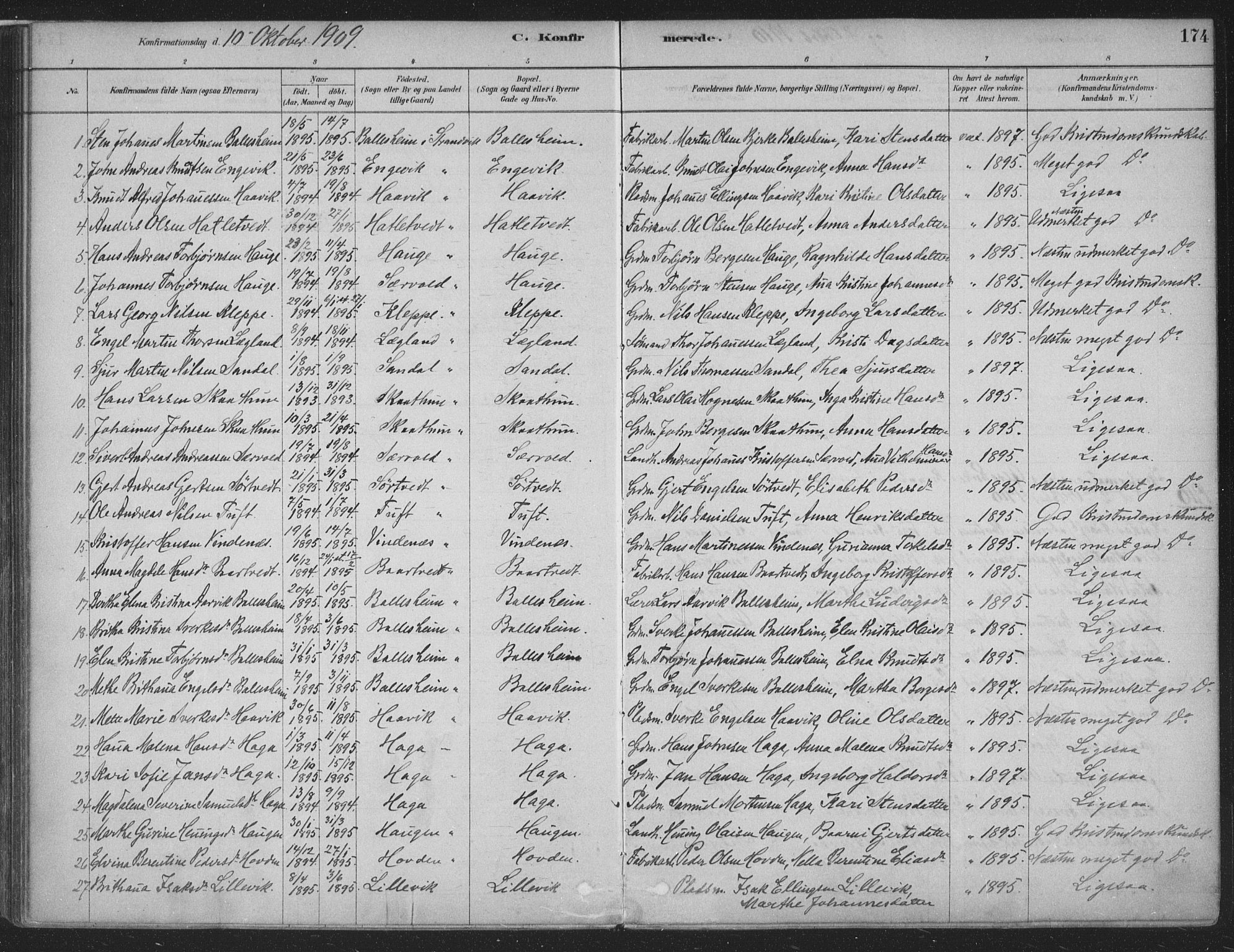 Fusa sokneprestembete, AV/SAB-A-75401/H/Haa: Parish register (official) no. D 1, 1880-1938, p. 174