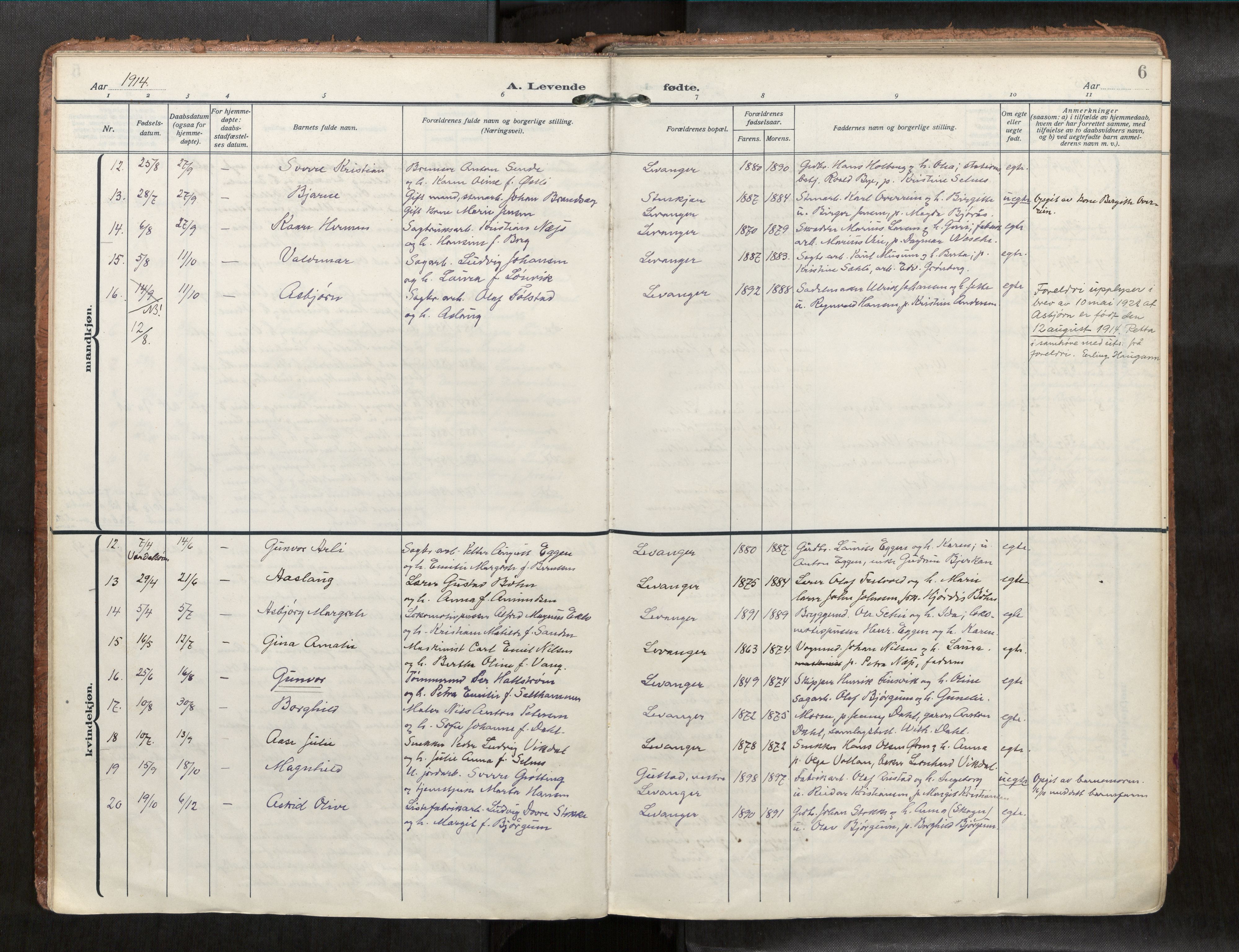 Levanger sokneprestkontor, SAT/A-1301/2/H/Haa/L0001: Parish register (official) no. 1, 1912-1932, p. 6