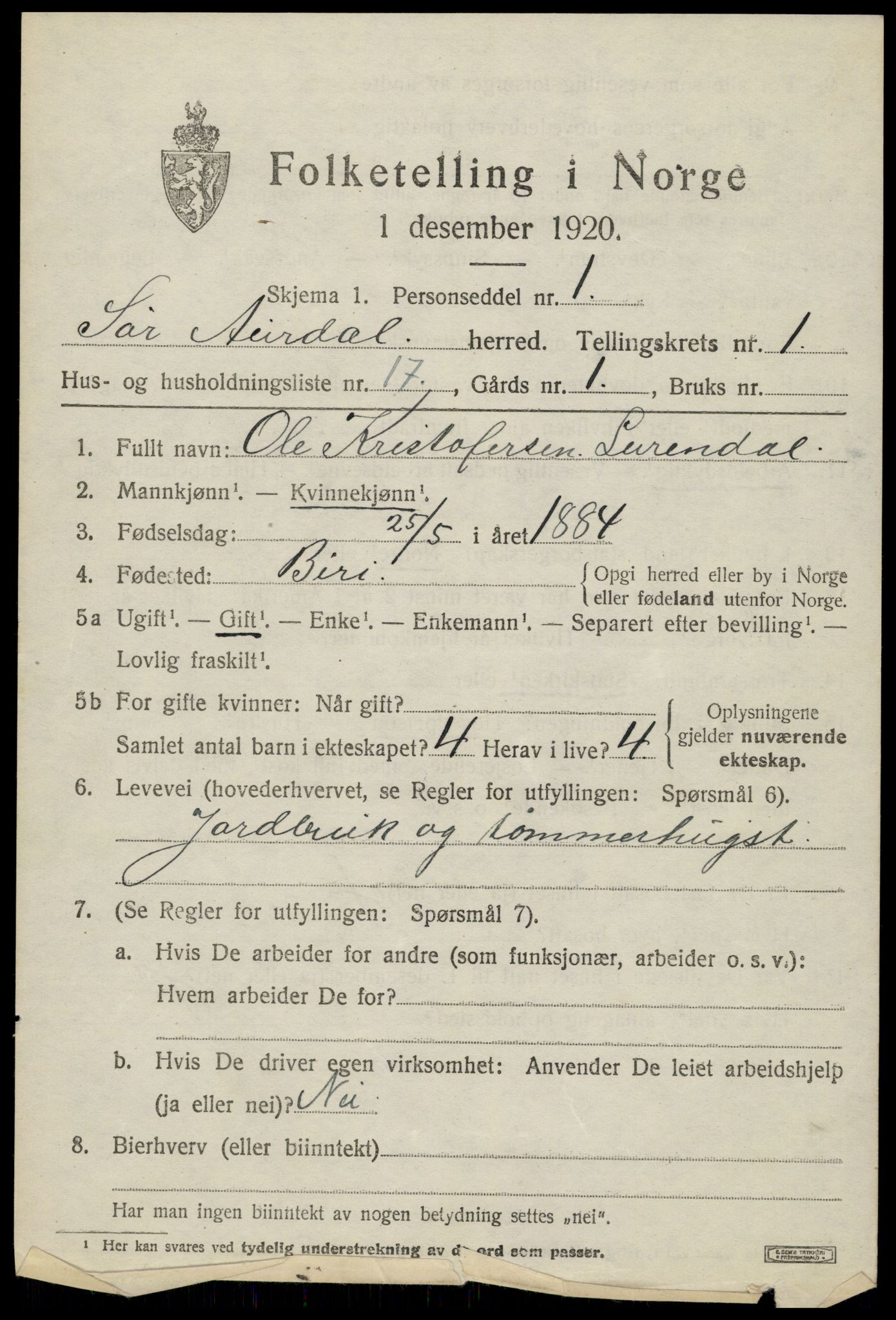 SAH, 1920 census for Sør-Aurdal, 1920, p. 1691