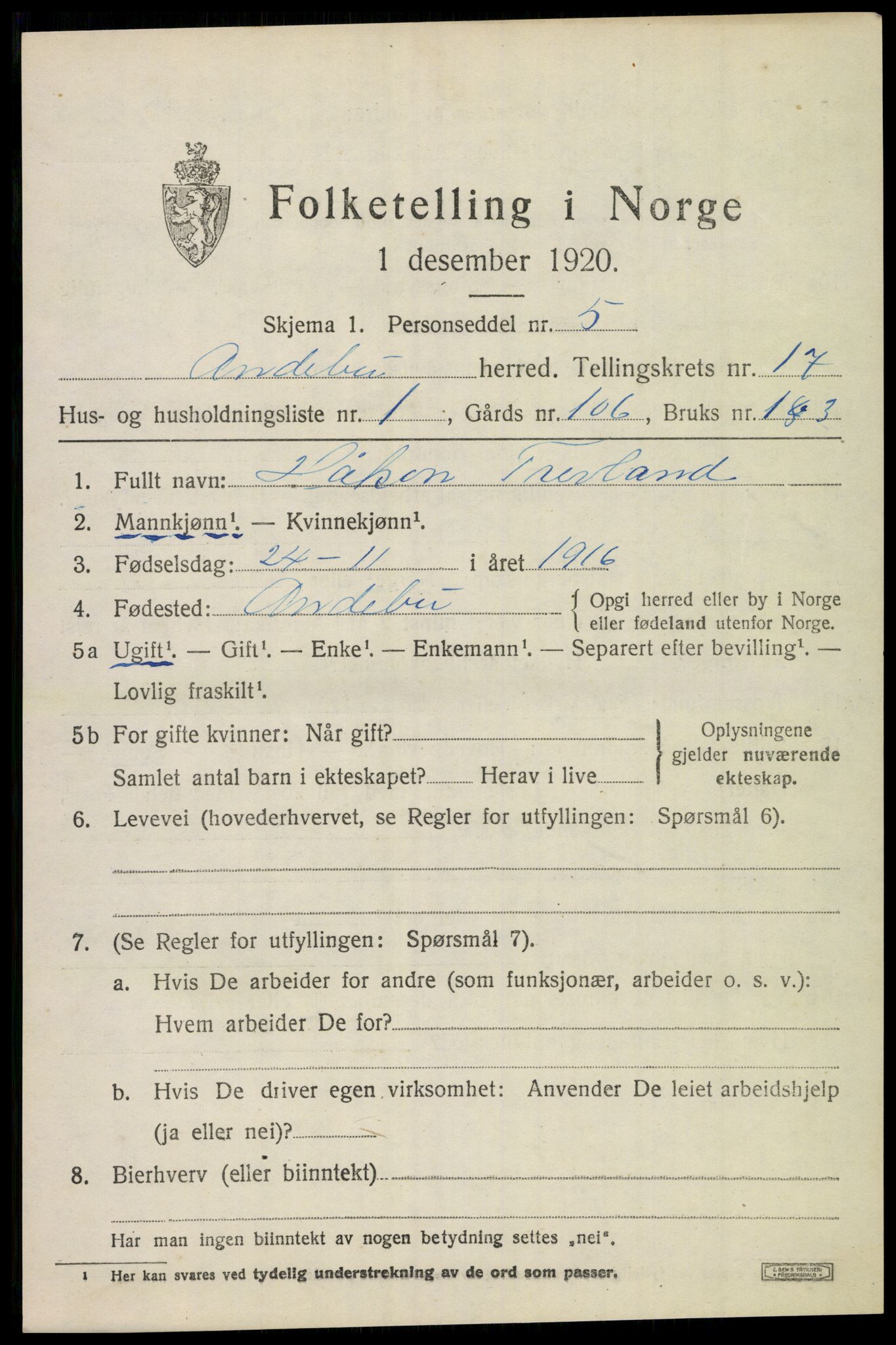 SAKO, 1920 census for Andebu, 1920, p. 5726