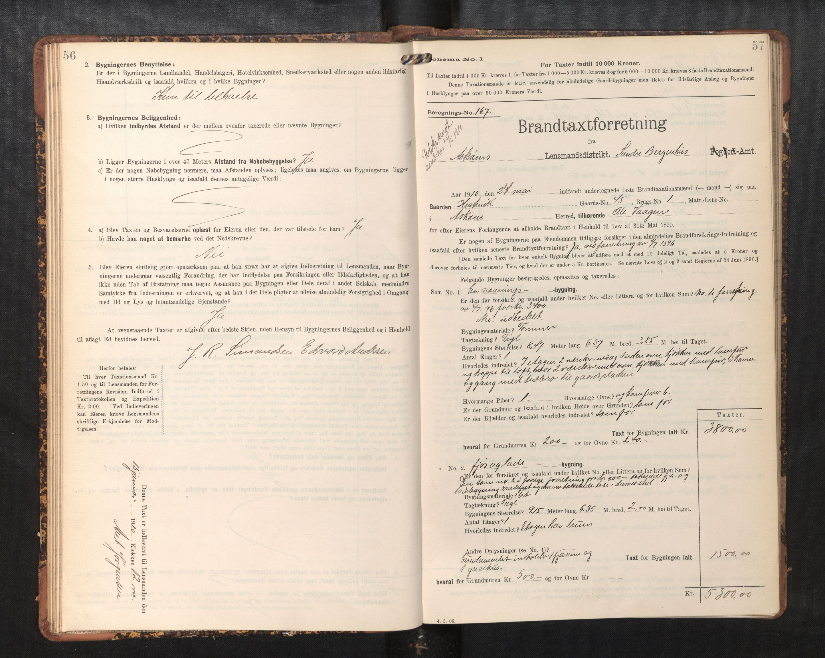 Lensmannen i Askøy, AV/SAB-A-31001/0012/L0006: Branntakstprotokoll, skjematakst, Laksevåg, 1907-1917, p. 56-57