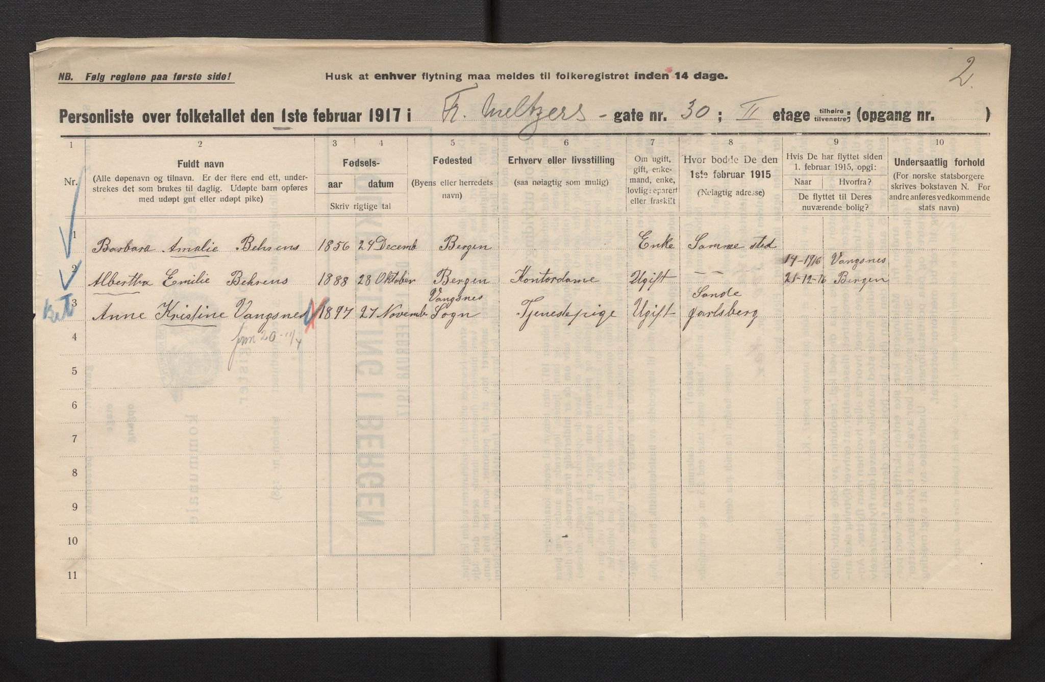SAB, Municipal Census 1917 for Bergen, 1917, p. 9117