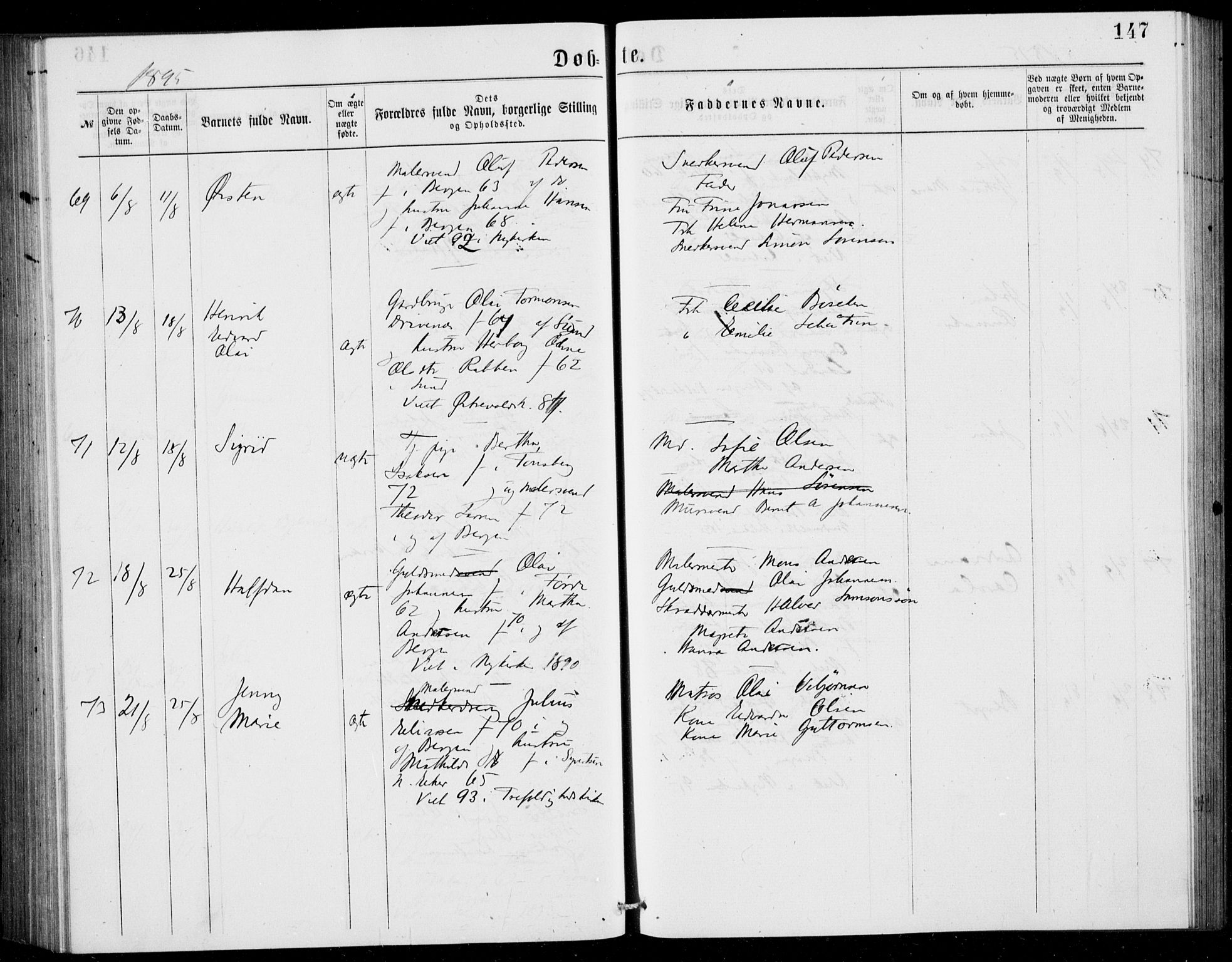 Fødselsstiftelsens sokneprestembete, ført av overlegen*, SAB/-: Parish register (official) no. A 2, 1884-1900, p. 147