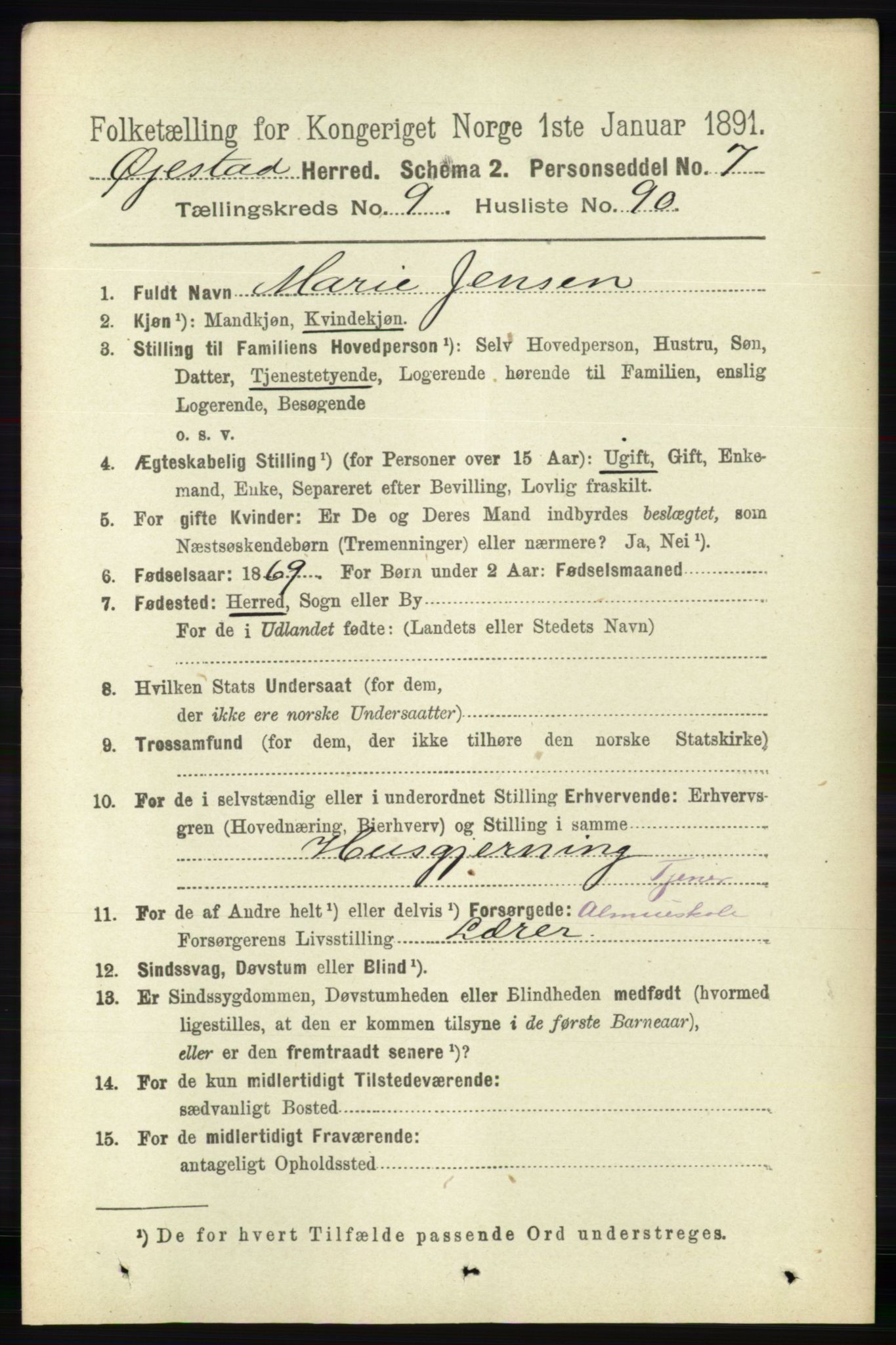 RA, 1891 census for 0920 Øyestad, 1891, p. 4062