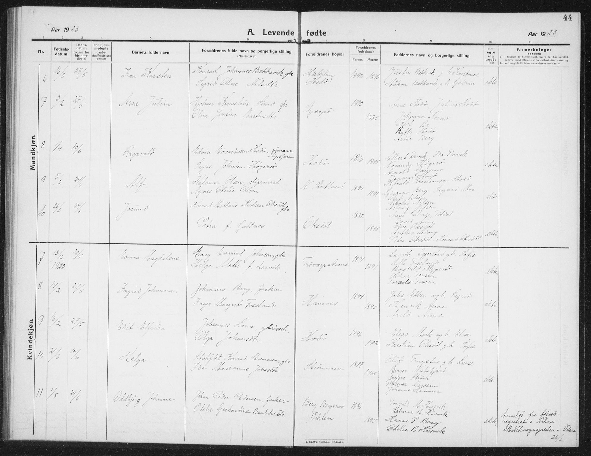 Ministerialprotokoller, klokkerbøker og fødselsregistre - Nord-Trøndelag, SAT/A-1458/774/L0630: Parish register (copy) no. 774C01, 1910-1934, p. 44