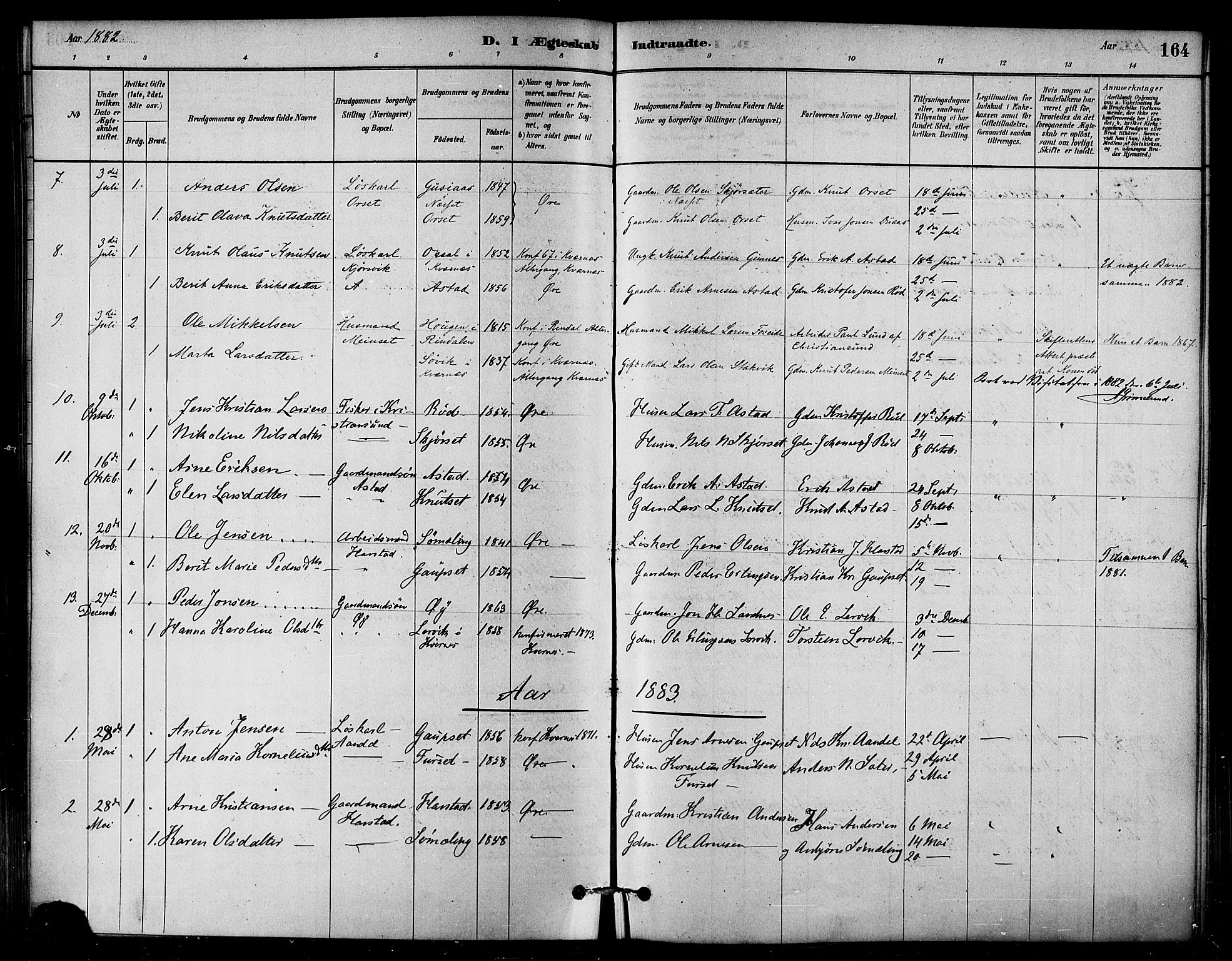 Ministerialprotokoller, klokkerbøker og fødselsregistre - Møre og Romsdal, SAT/A-1454/584/L0967: Parish register (official) no. 584A07, 1879-1894, p. 164