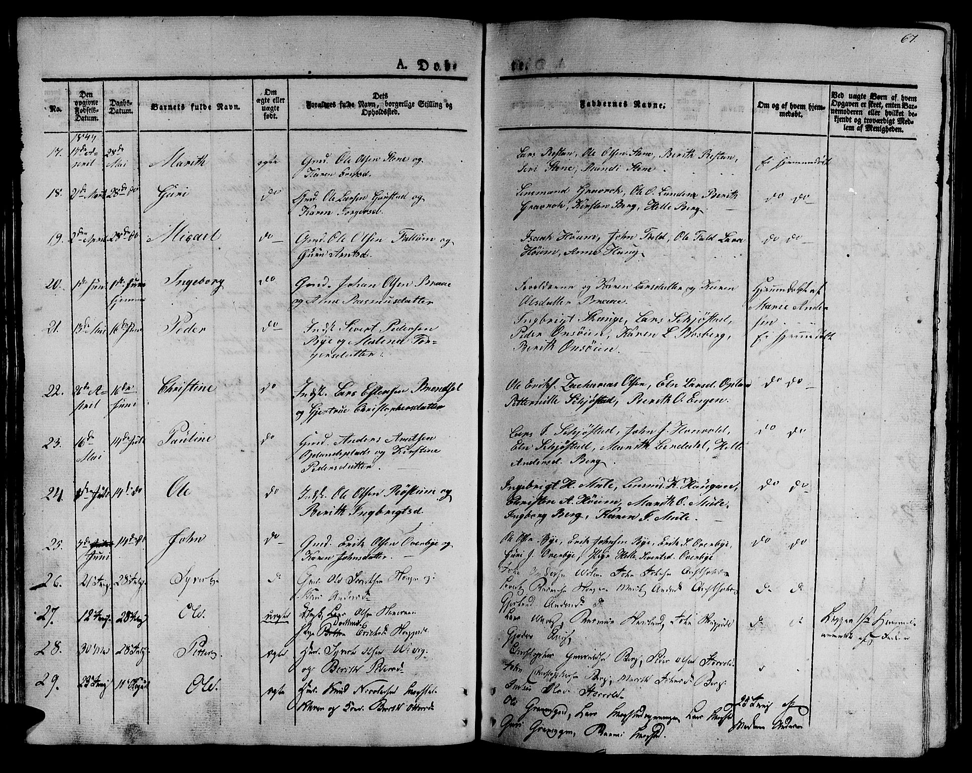 Ministerialprotokoller, klokkerbøker og fødselsregistre - Sør-Trøndelag, AV/SAT-A-1456/612/L0374: Parish register (official) no. 612A07 /1, 1829-1845, p. 67