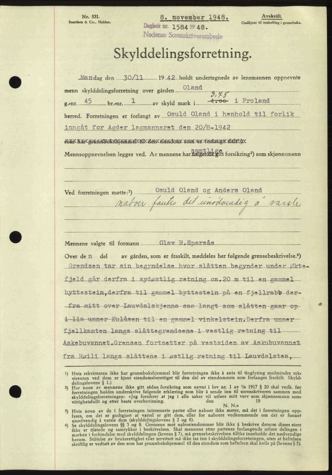 Nedenes sorenskriveri, SAK/1221-0006/G/Gb/Gba/L0059: Mortgage book no. A11, 1948-1948, Diary no: : 1584/1948