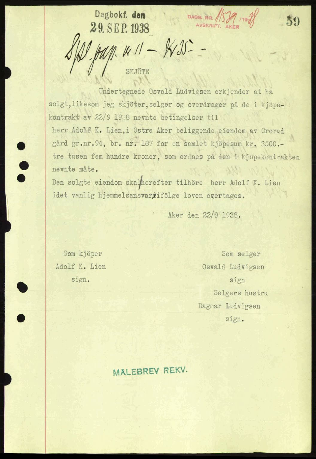 Aker herredsskriveri, SAO/A-10896/G/Gb/Gba/Gbab/L0025: Mortgage book no. A154-155, 1938-1938, Diary no: : 11539/1938