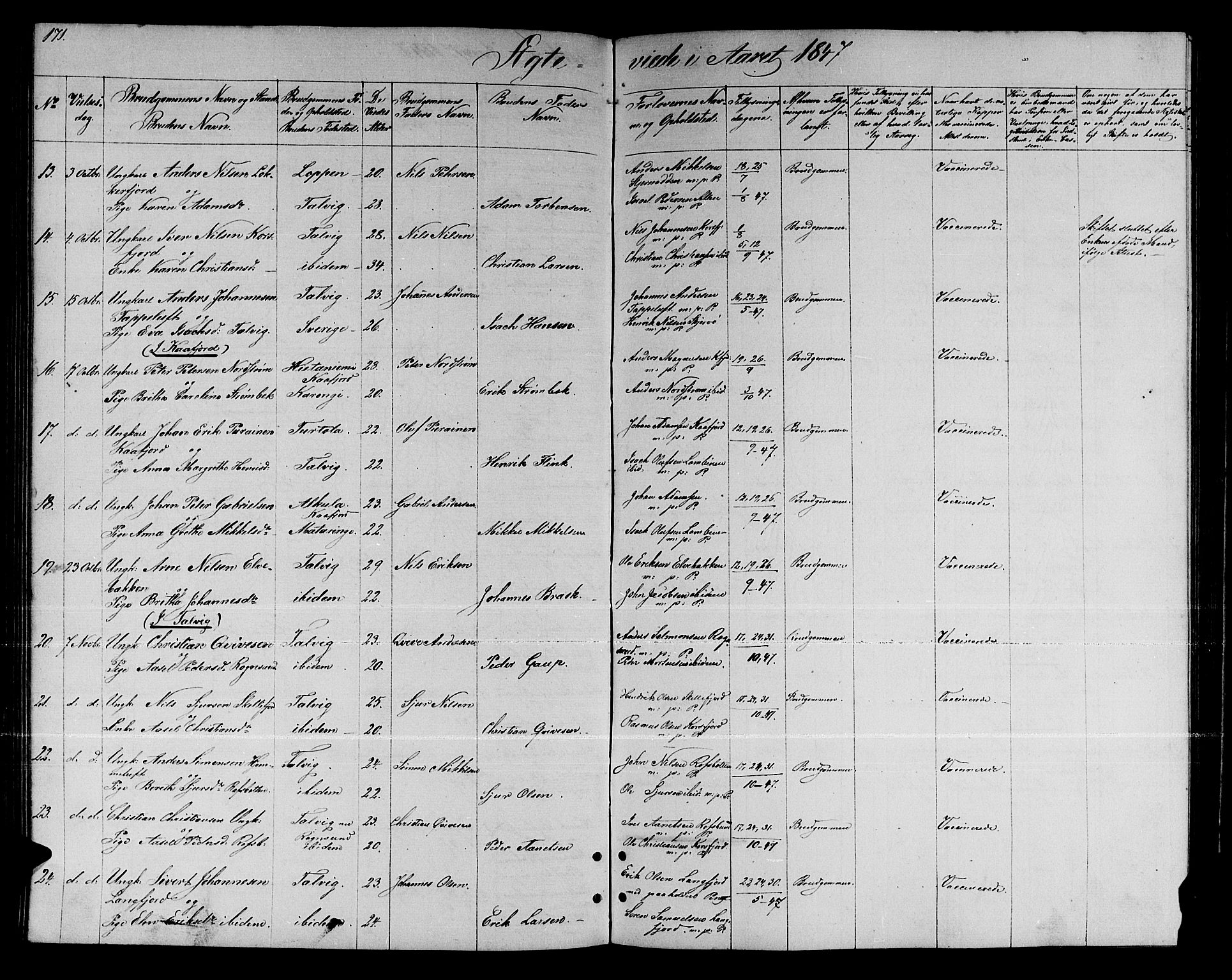 Talvik sokneprestkontor, SATØ/S-1337/H/Hb/L0001klokker: Parish register (copy) no. 1, 1847-1863, p. 171