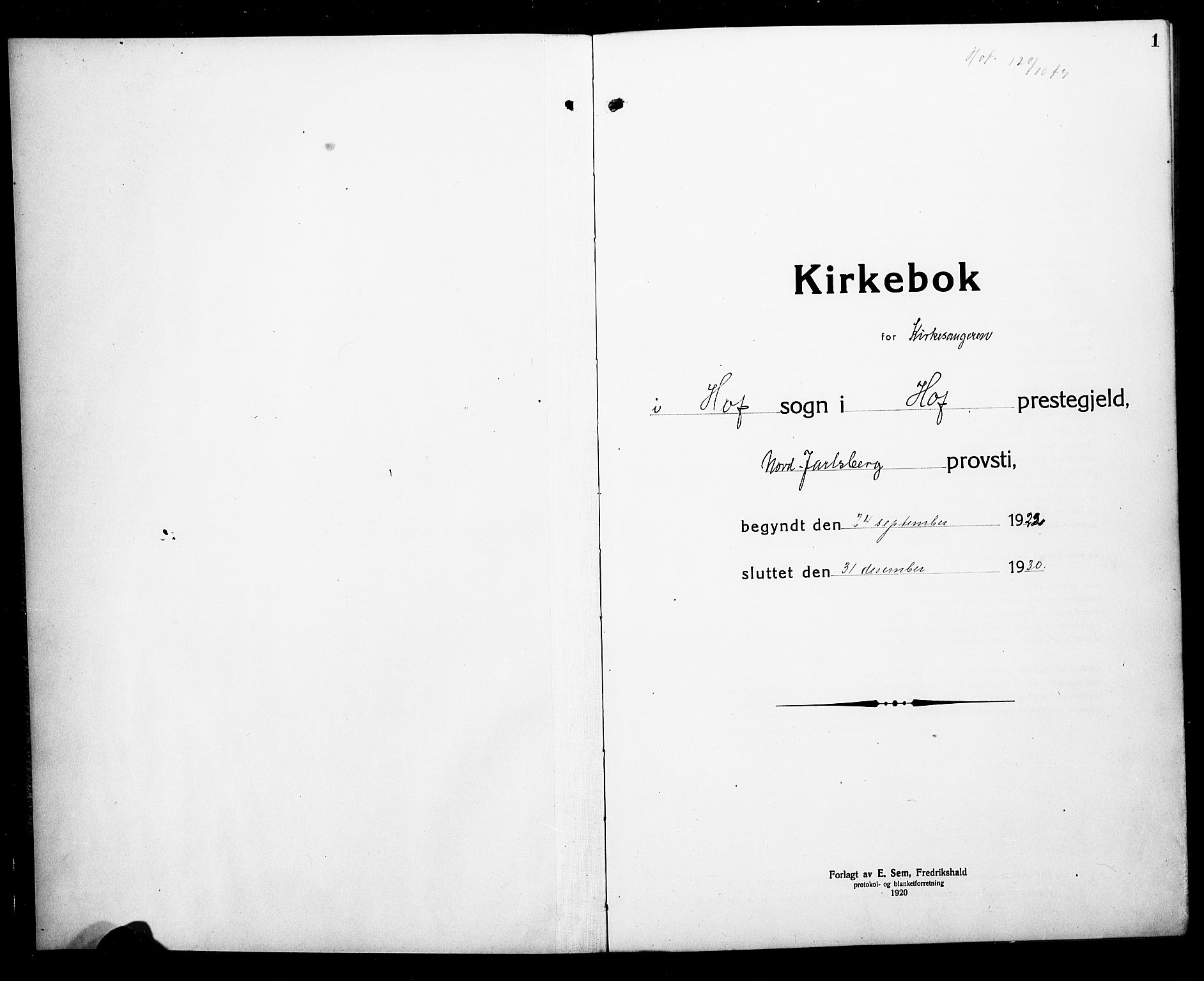 Hof kirkebøker, AV/SAKO-A-64/G/Ga/L0006: Parish register (copy) no. I 6, 1922-1930, p. 1