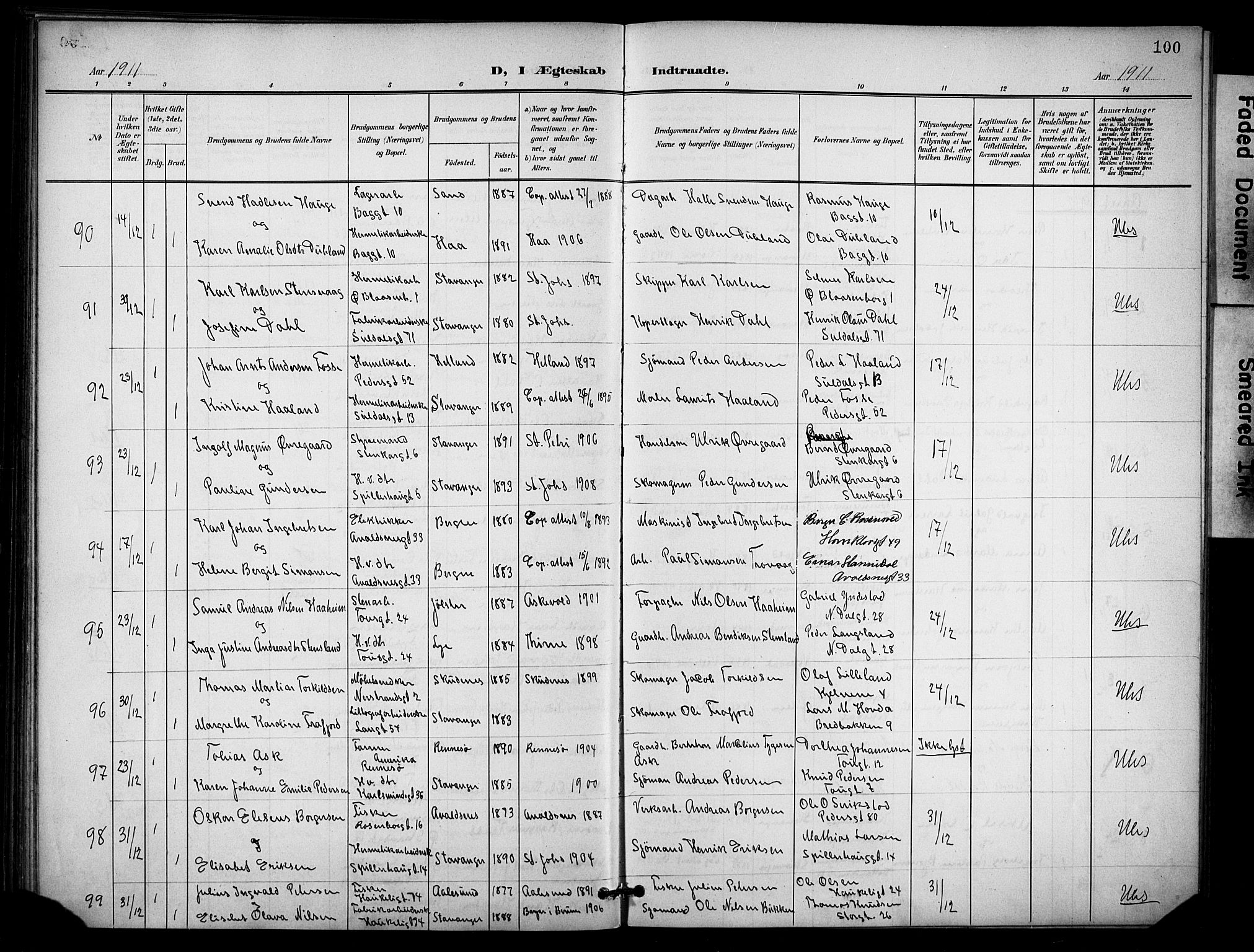 St. Johannes sokneprestkontor, AV/SAST-A-101814/001/30/30BB/L0005: Parish register (copy) no. B 5, 1901-1917, p. 100