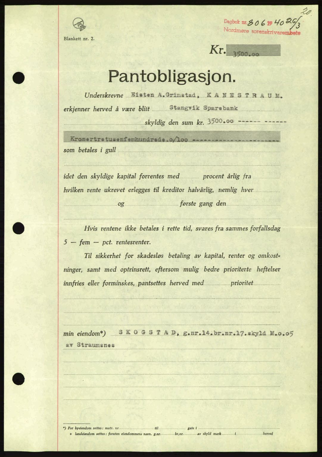 Nordmøre sorenskriveri, AV/SAT-A-4132/1/2/2Ca: Mortgage book no. B86, 1939-1940, Diary no: : 806/1940