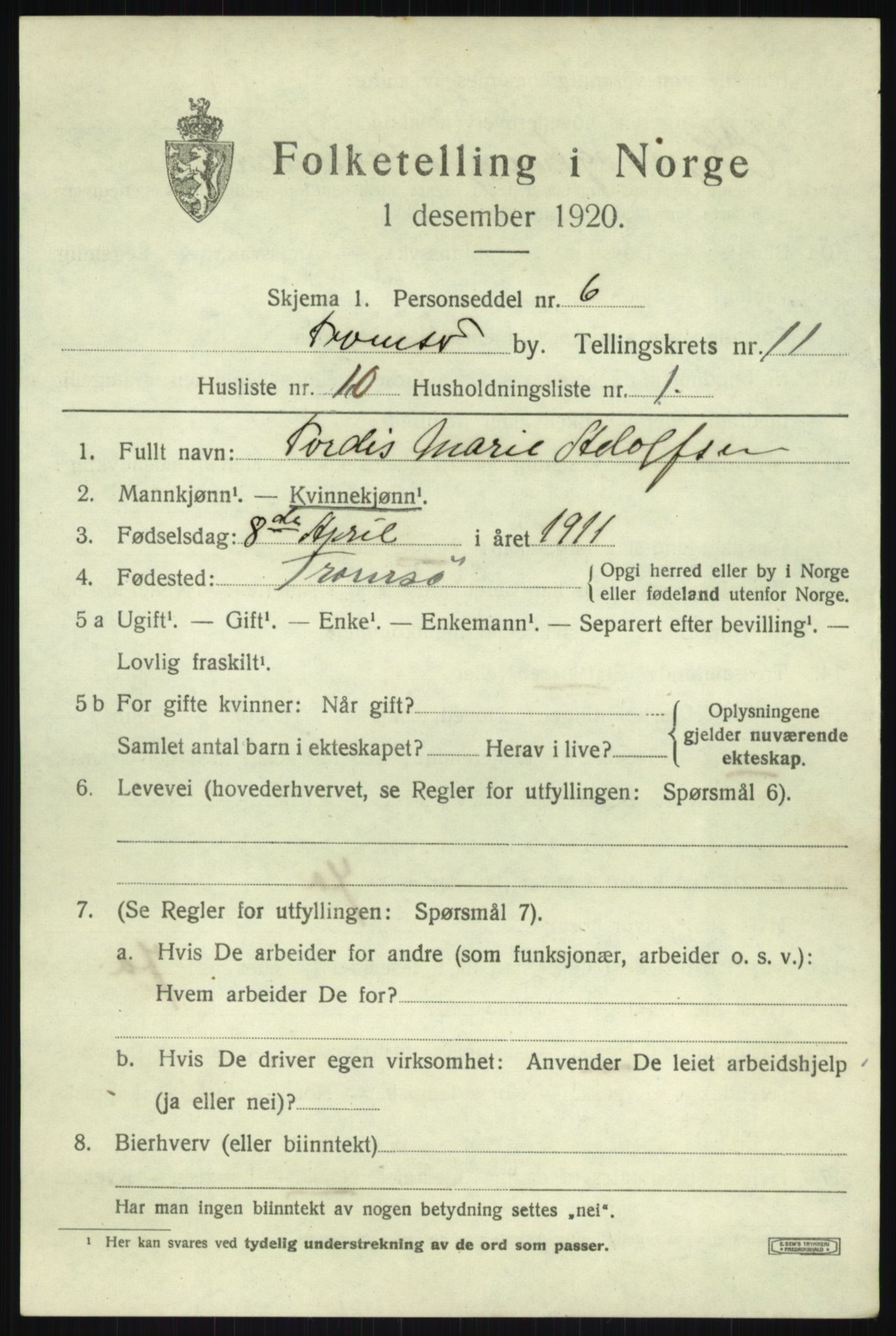 SATØ, 1920 census for Tromsø, 1920, p. 22145