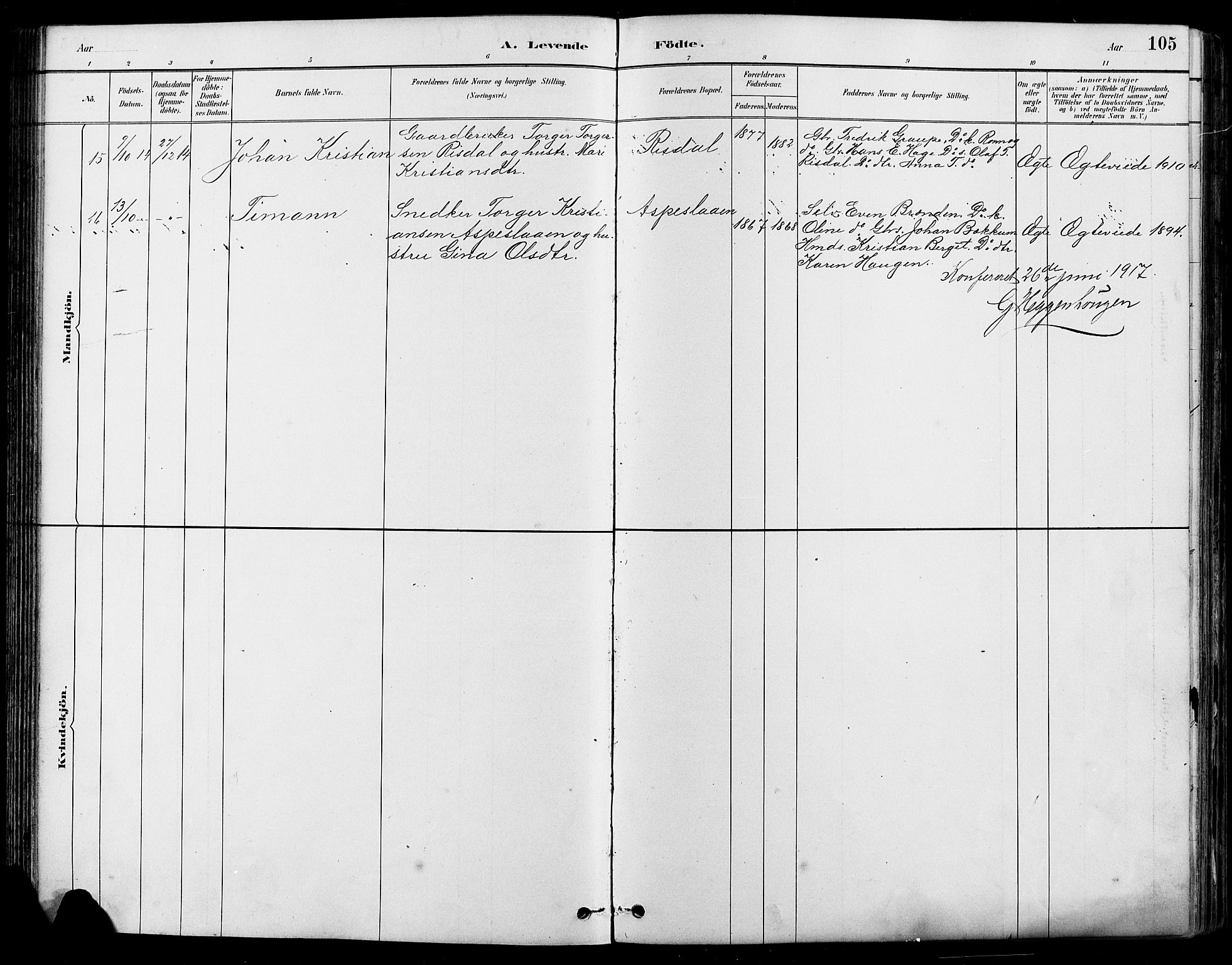 Nord-Fron prestekontor, SAH/PREST-080/H/Ha/Hab/L0005: Parish register (copy) no. 5, 1884-1914, p. 105