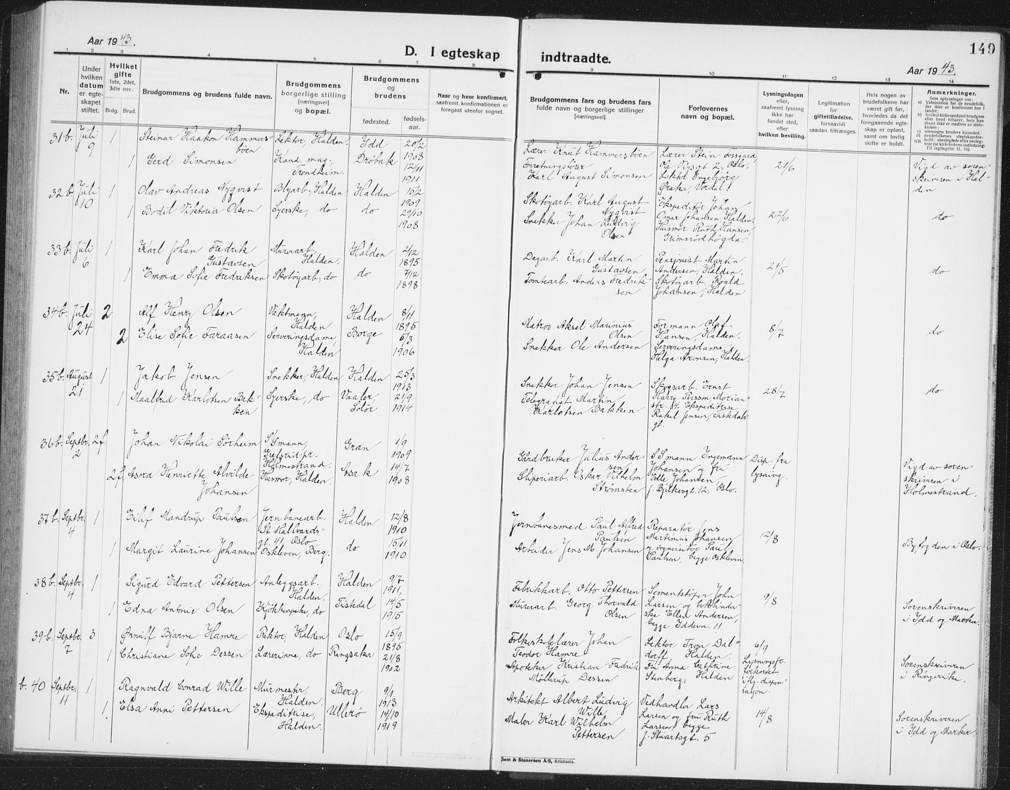 Halden prestekontor Kirkebøker, AV/SAO-A-10909/G/Ga/L0014: Parish register (copy) no. 14, 1925-1943, p. 149