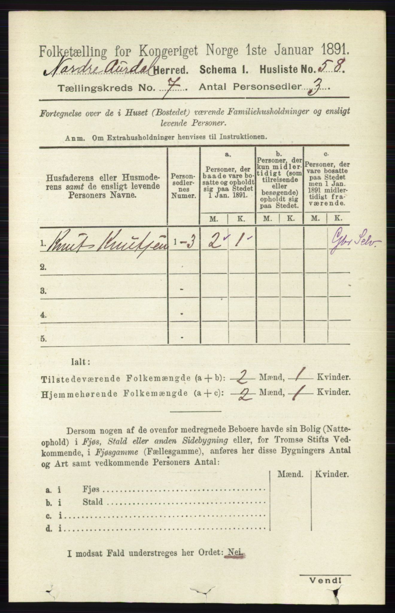 RA, 1891 census for 0542 Nord-Aurdal, 1891, p. 2378