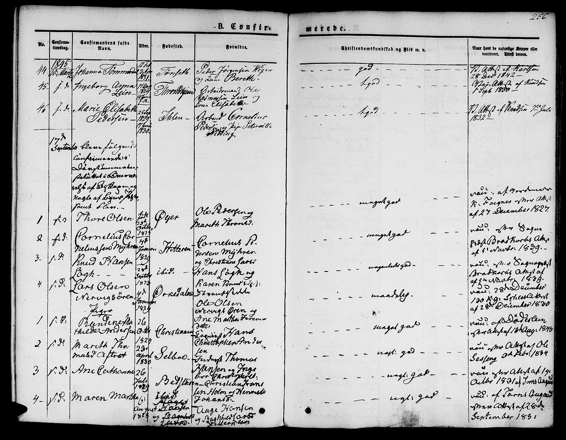 Ministerialprotokoller, klokkerbøker og fødselsregistre - Sør-Trøndelag, AV/SAT-A-1456/601/L0048: Parish register (official) no. 601A16, 1840-1847, p. 256