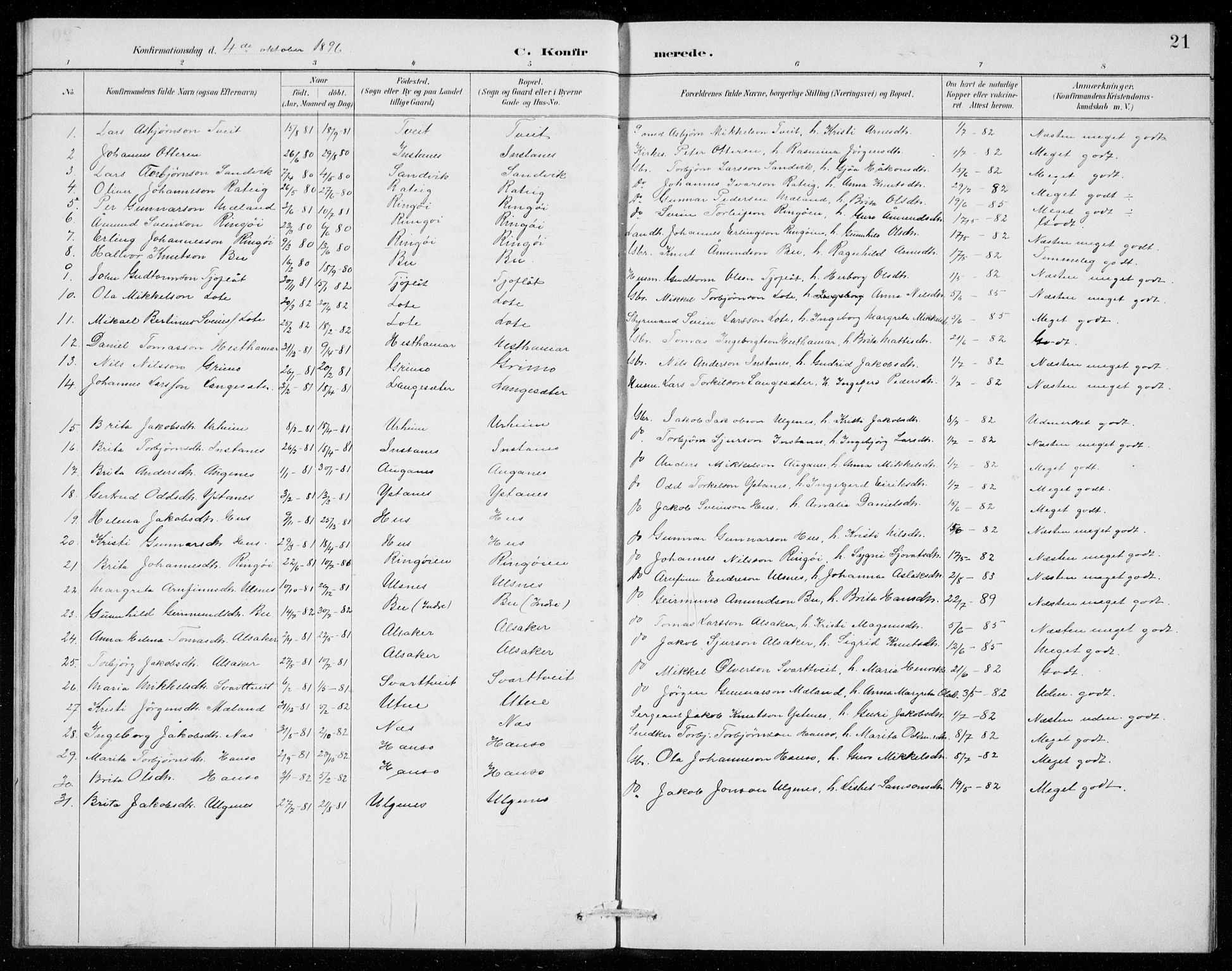 Ullensvang sokneprestembete, SAB/A-78701/H/Hab: Parish register (copy) no. E  8, 1887-1923, p. 21