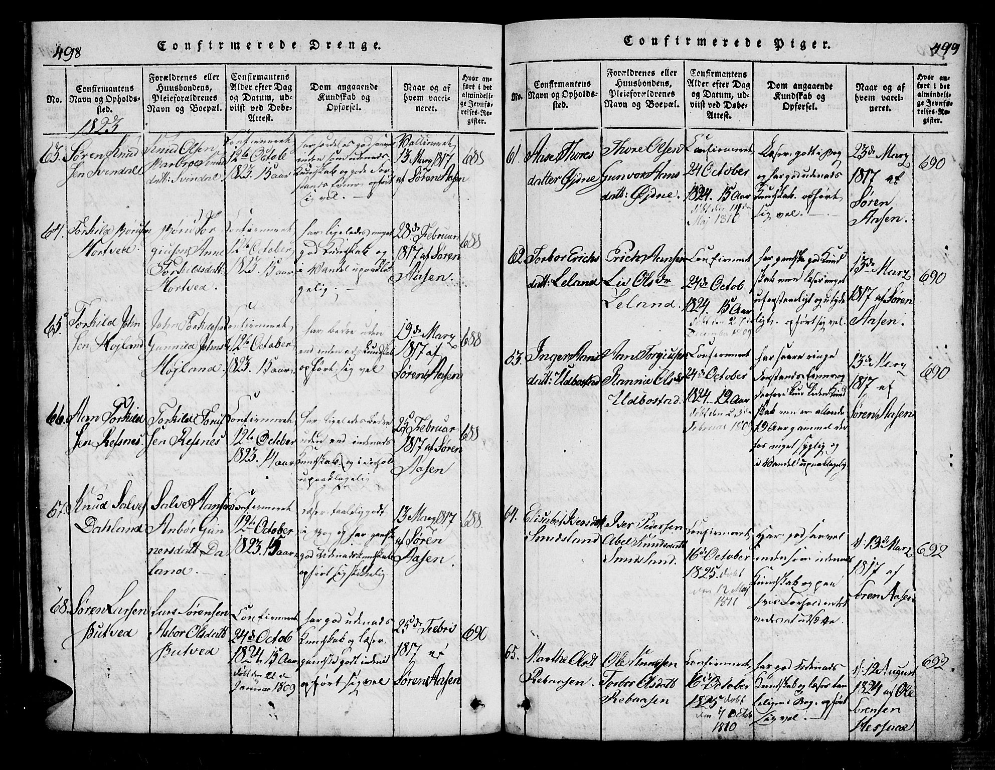 Bjelland sokneprestkontor, SAK/1111-0005/F/Fa/Fac/L0001: Parish register (official) no. A 1, 1815-1866, p. 498-499