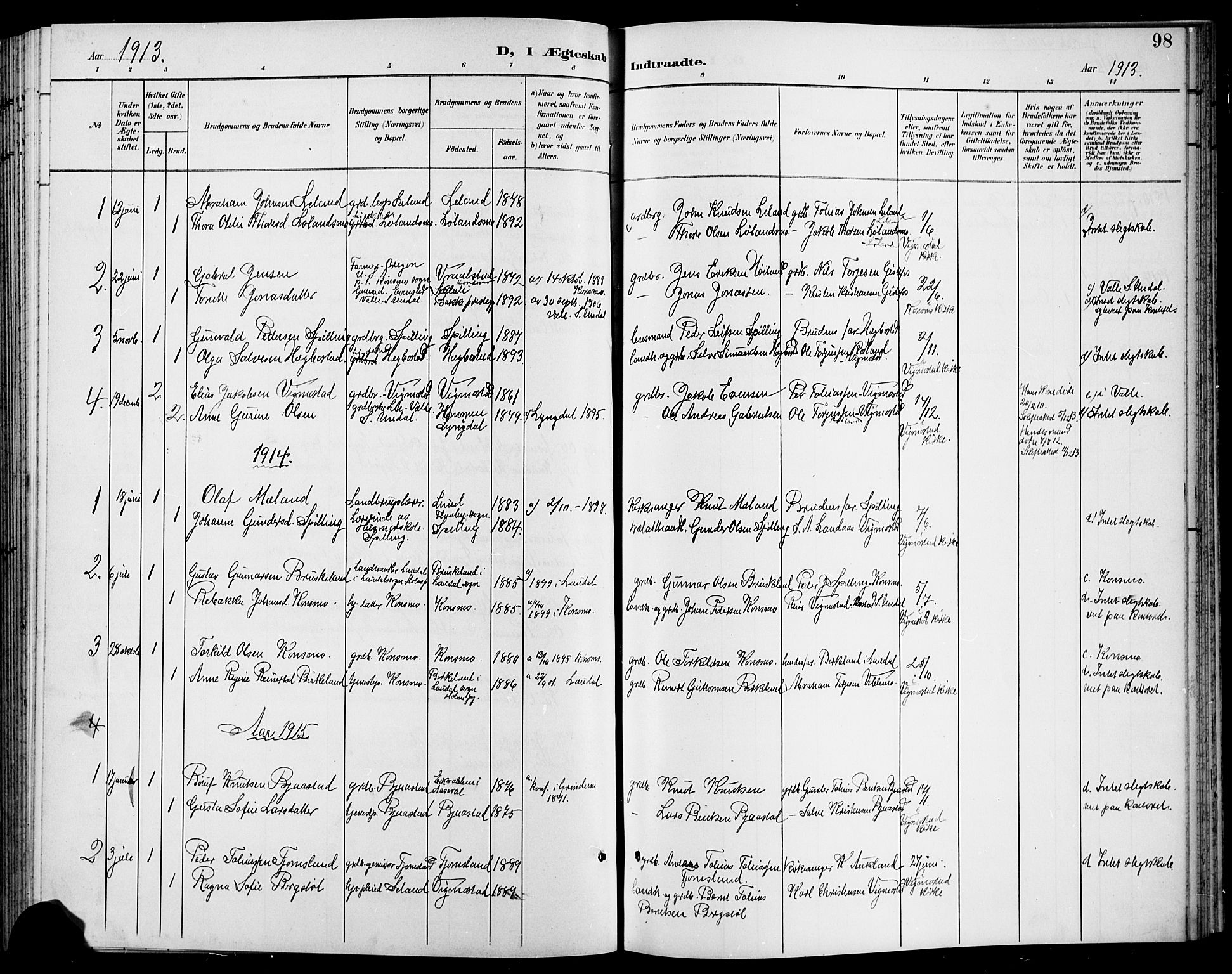 Nord-Audnedal sokneprestkontor, AV/SAK-1111-0032/F/Fb/Fbb/L0004: Parish register (copy) no. B 4, 1901-1917, p. 98