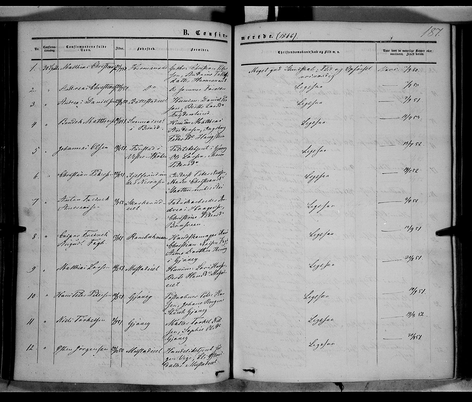 Vardal prestekontor, SAH/PREST-100/H/Ha/Haa/L0006: Parish register (official) no. 6, 1854-1866, p. 187