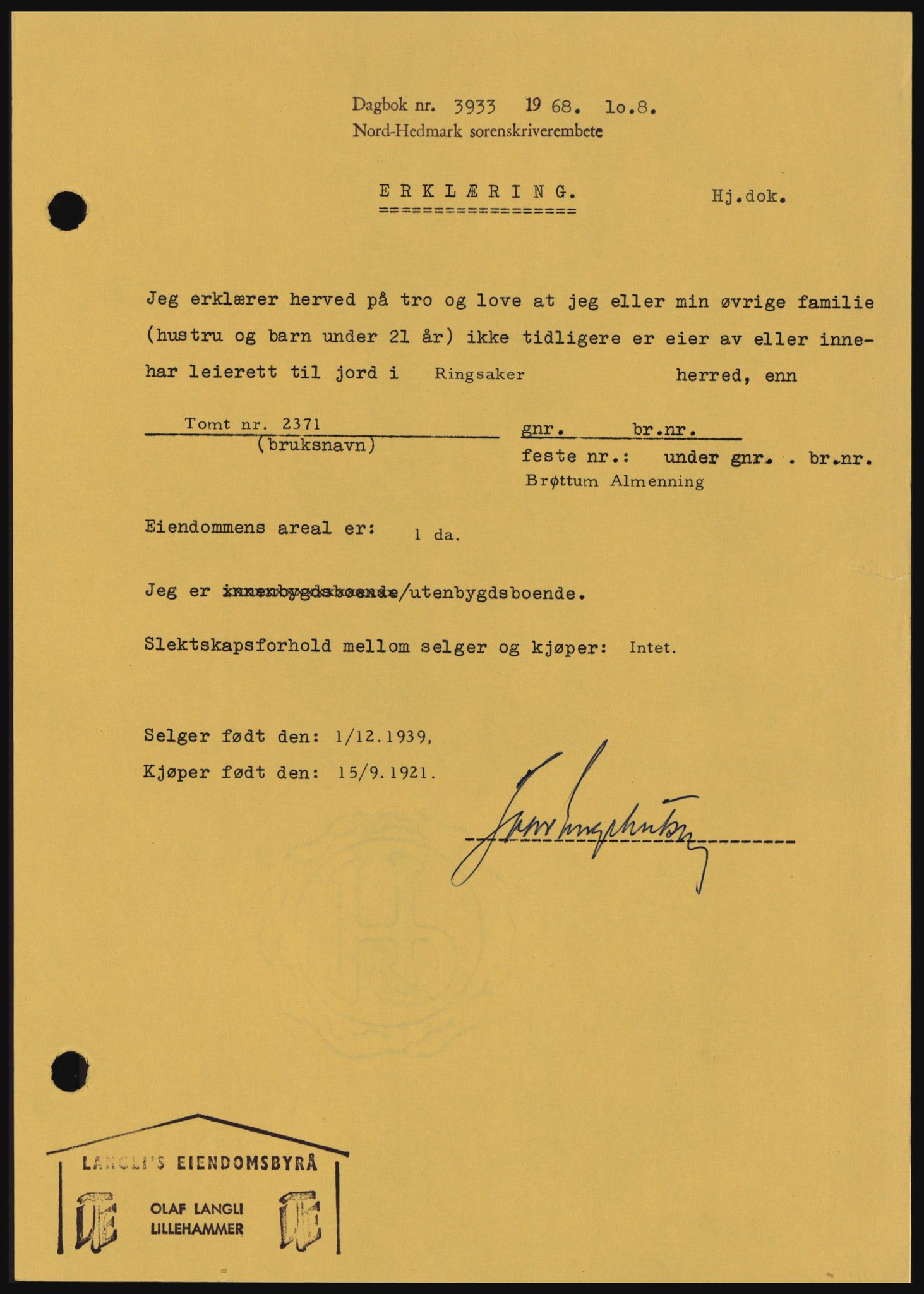 Nord-Hedmark sorenskriveri, SAH/TING-012/H/Hc/L0028: Mortgage book no. 28, 1968-1968, Diary no: : 3933/1968