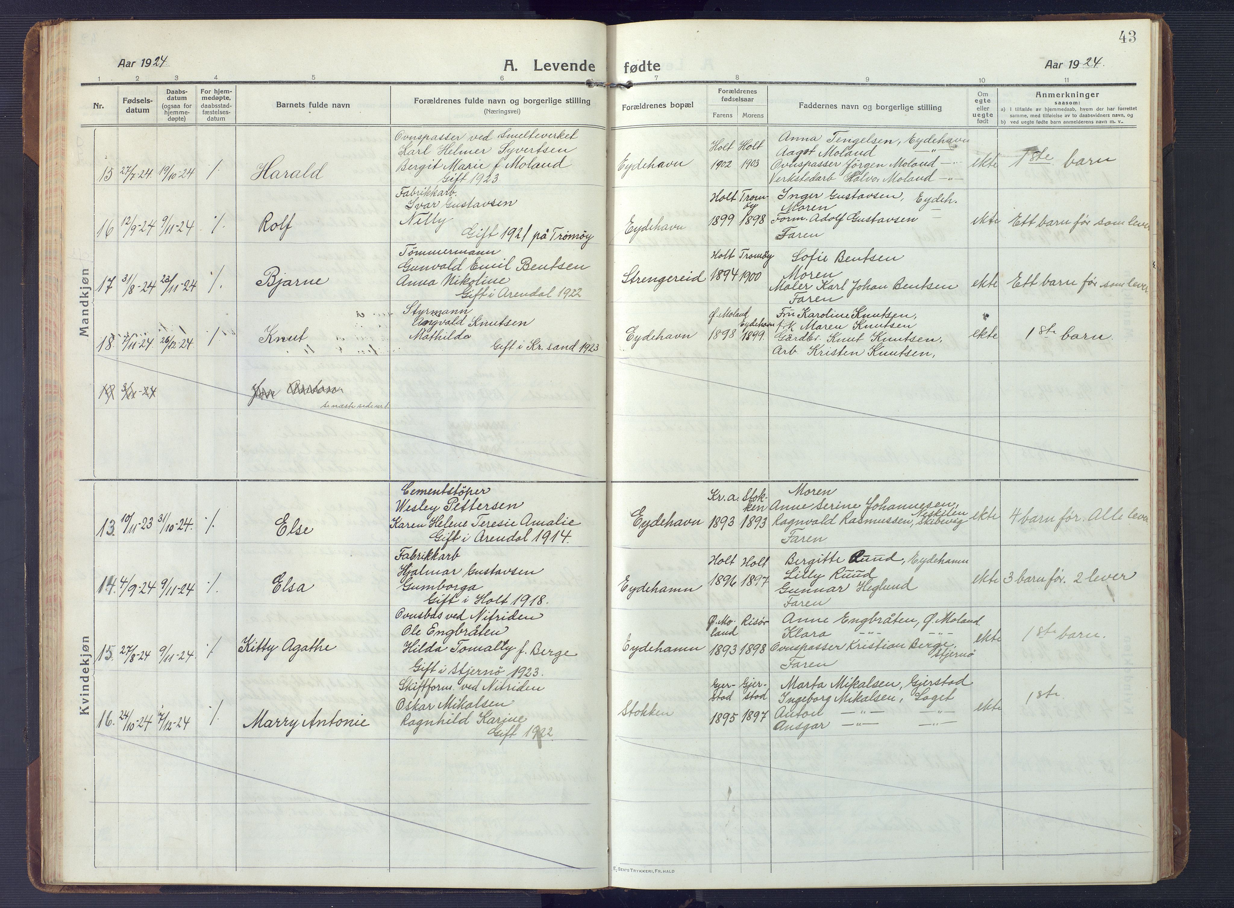 Austre Moland sokneprestkontor, SAK/1111-0001/F/Fb/Fbb/L0004: Parish register (copy) no. B 4, 1914-1929, p. 43