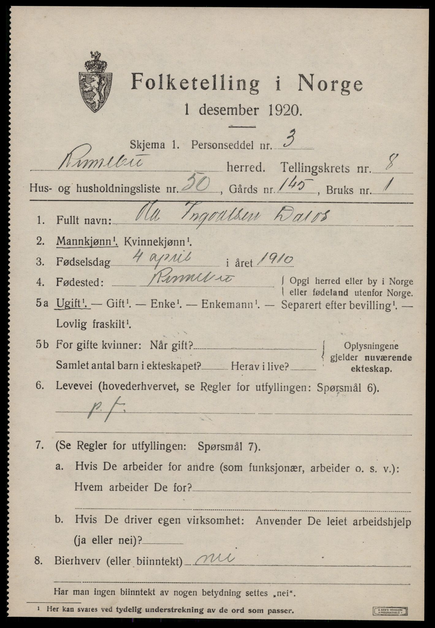 SAT, 1920 census for Rennebu, 1920, p. 5810