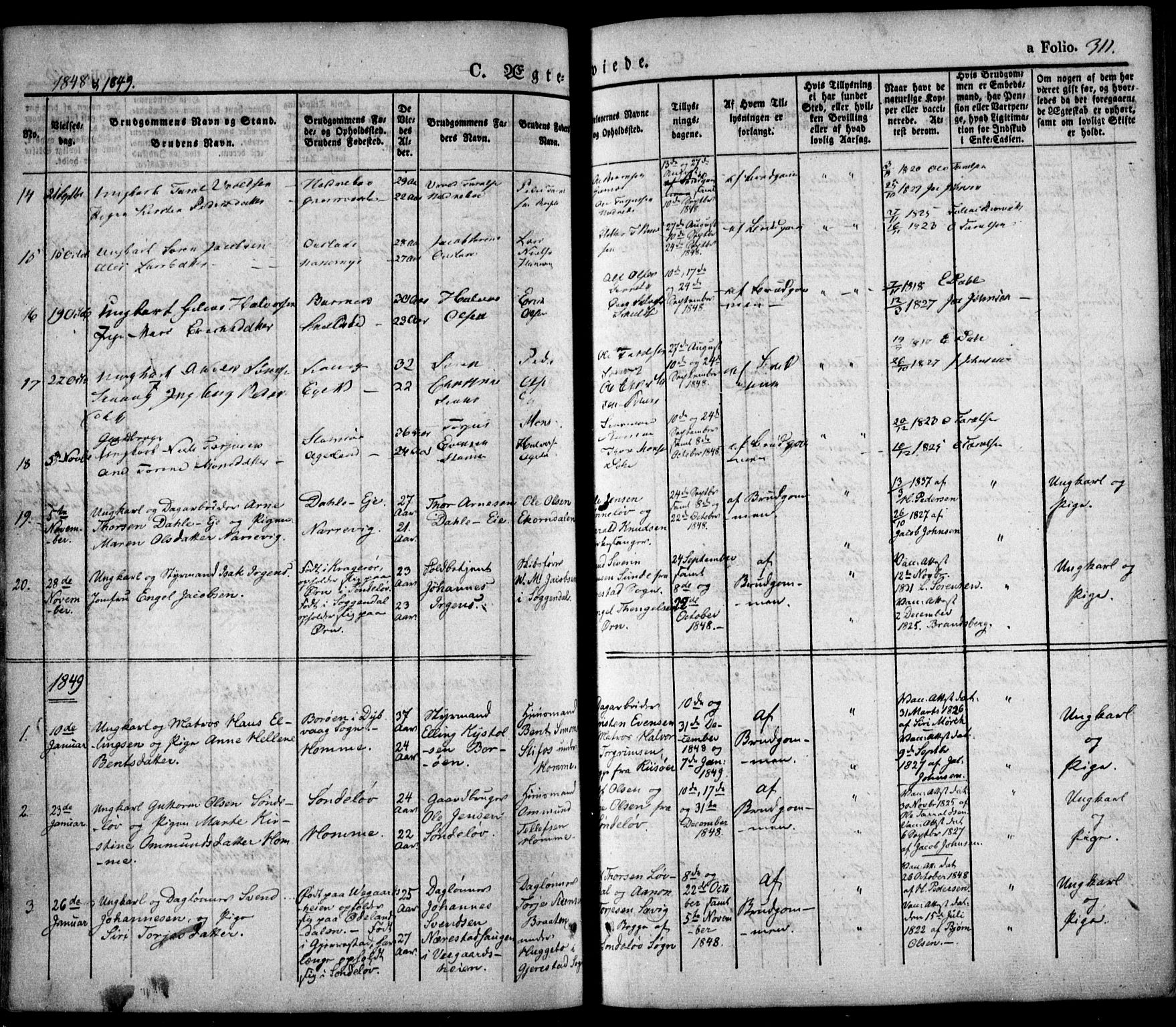 Søndeled sokneprestkontor, SAK/1111-0038/F/Fa/L0002: Parish register (official) no. A 2, 1839-1860, p. 311