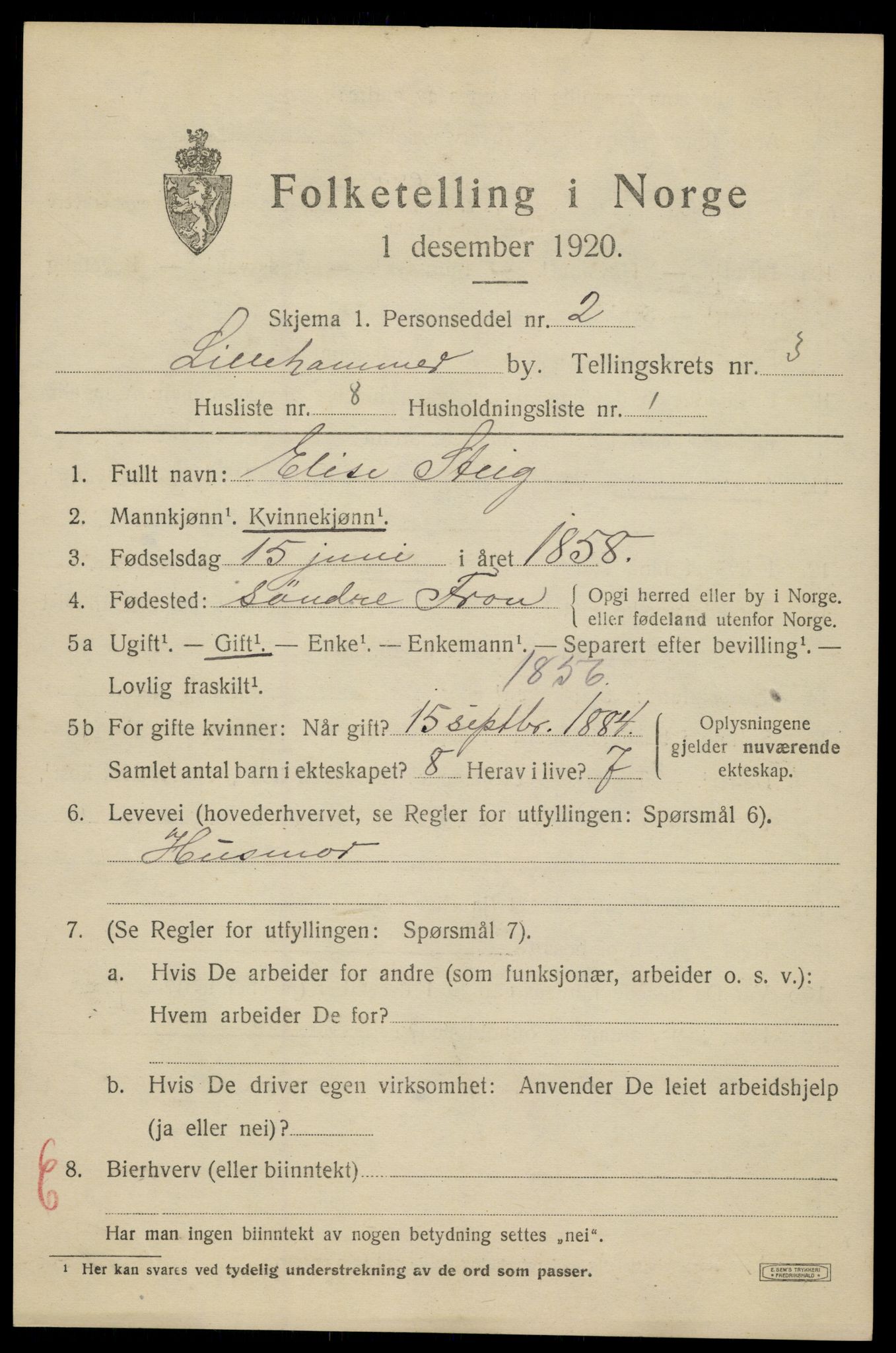SAH, 1920 census for Lillehammer, 1920, p. 5788