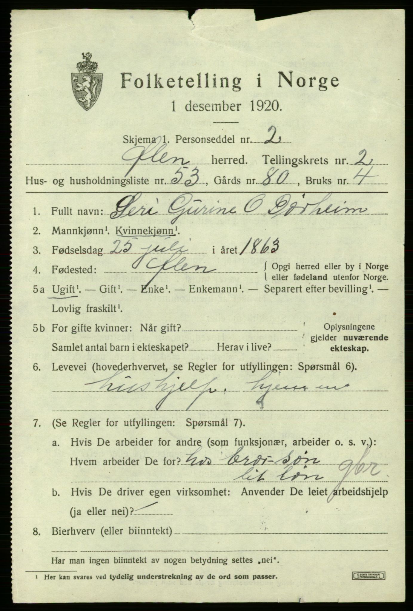 SAB, 1920 census for Ølen, 1920, p. 1553