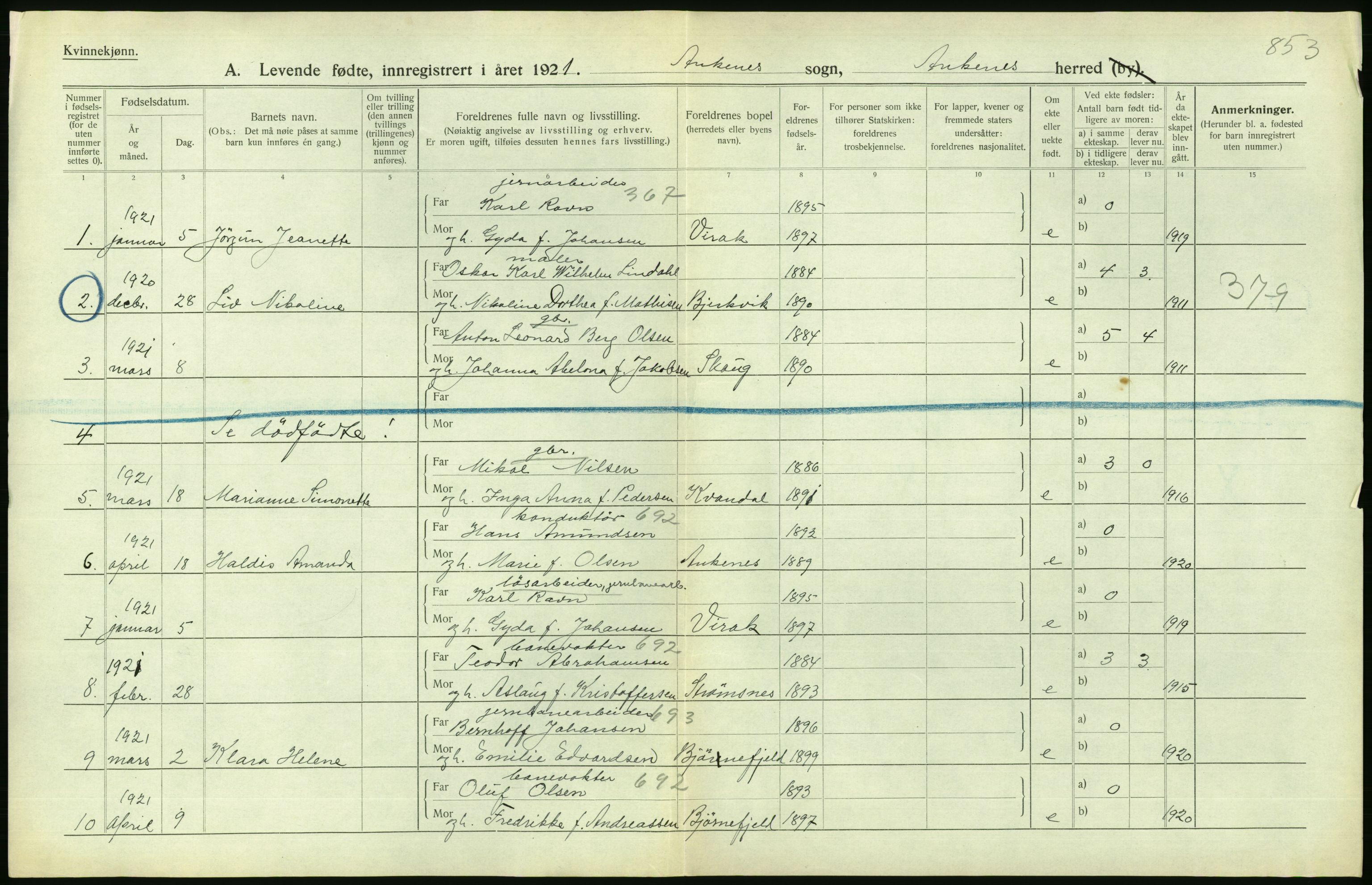 Statistisk sentralbyrå, Sosiodemografiske emner, Befolkning, AV/RA-S-2228/D/Df/Dfc/Dfca/L0049: Nordland fylke: Levendefødte menn og kvinner. Bygder., 1921, p. 276