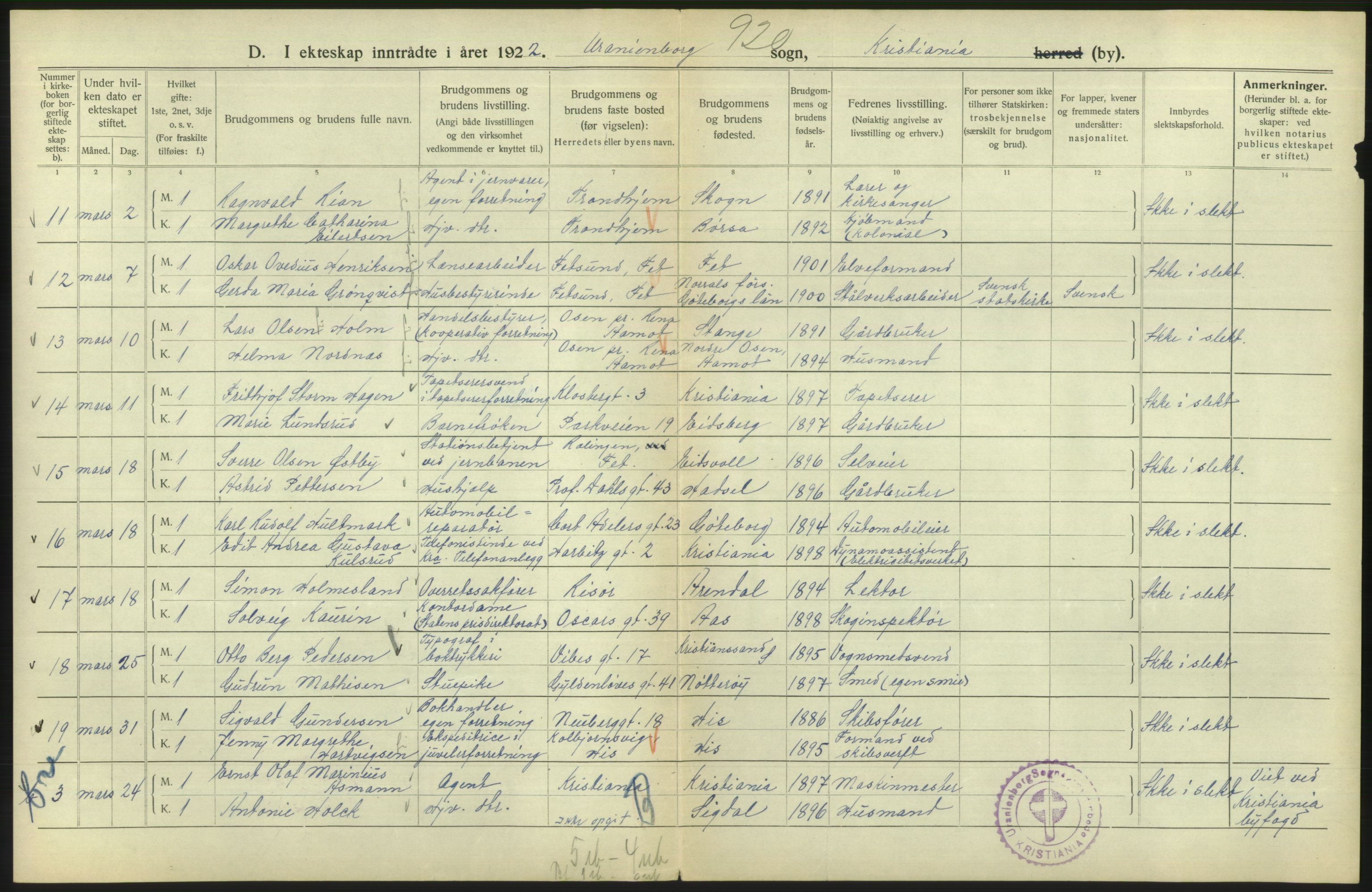 Statistisk sentralbyrå, Sosiodemografiske emner, Befolkning, RA/S-2228/D/Df/Dfc/Dfcb/L0008: Kristiania: Gifte, 1922, p. 852