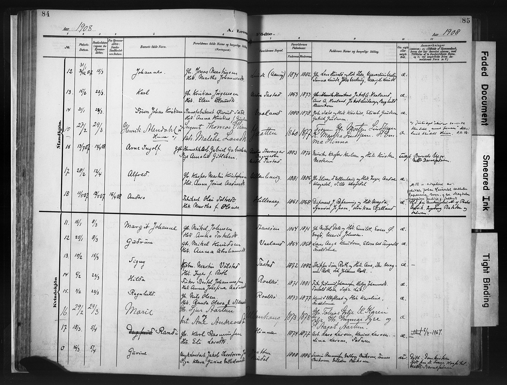 Hetland sokneprestkontor, SAST/A-101826/30/30BA/L0013: Parish register (official) no. A 13, 1904-1918, p. 84-85