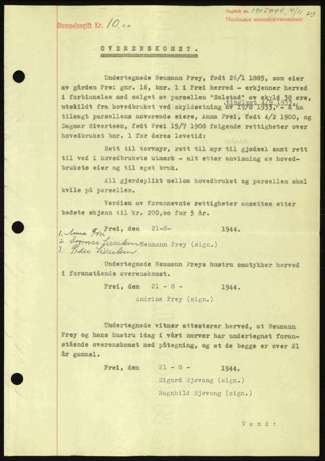 Nordmøre sorenskriveri, AV/SAT-A-4132/1/2/2Ca: Mortgage book no. B92, 1944-1945, Diary no: : 1905/1944